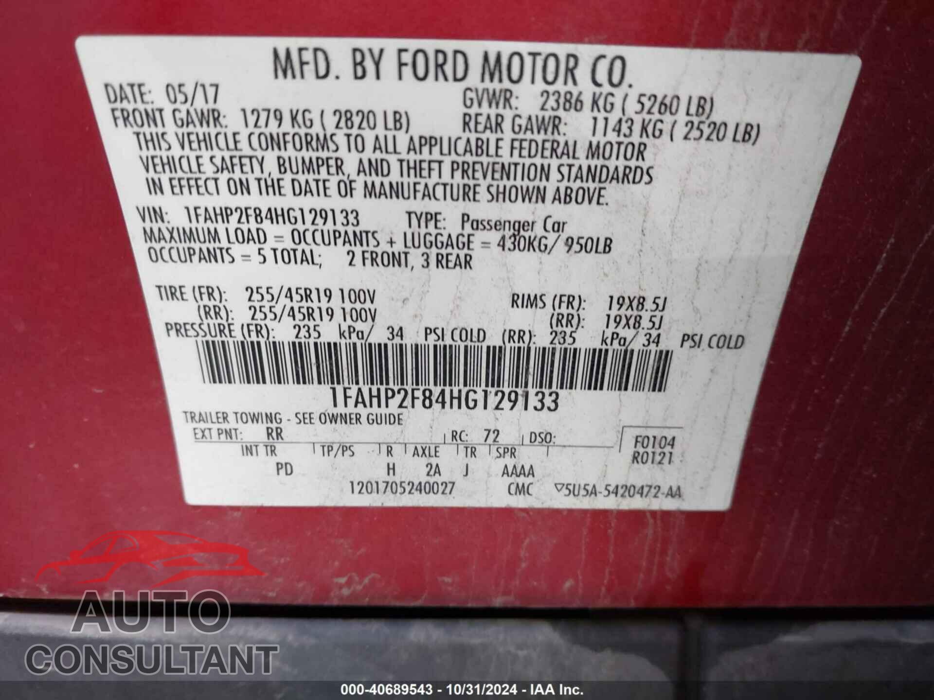 FORD TAURUS 2017 - 1FAHP2F84HG129133