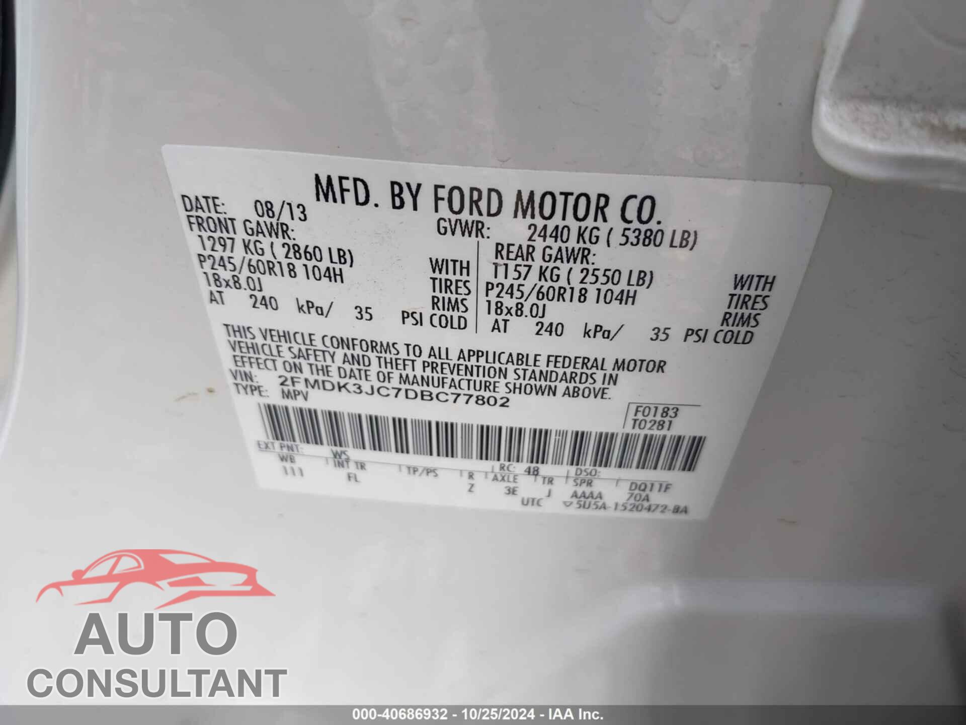 FORD EDGE 2013 - 2FMDK3JC7DBC77802