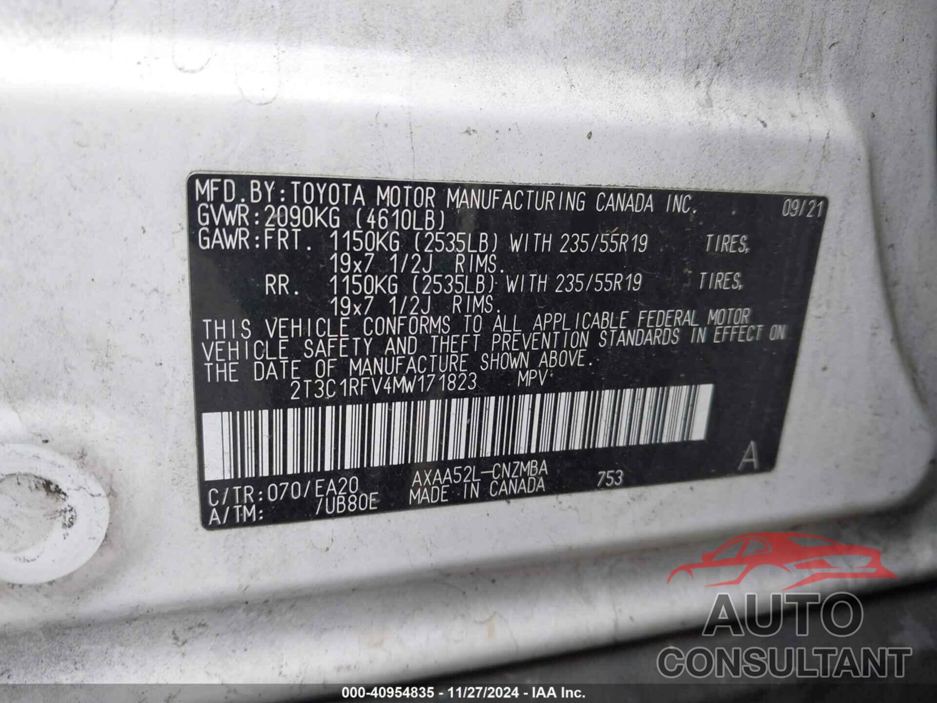 TOYOTA RAV4 2021 - 2T3C1RFV4MW171823