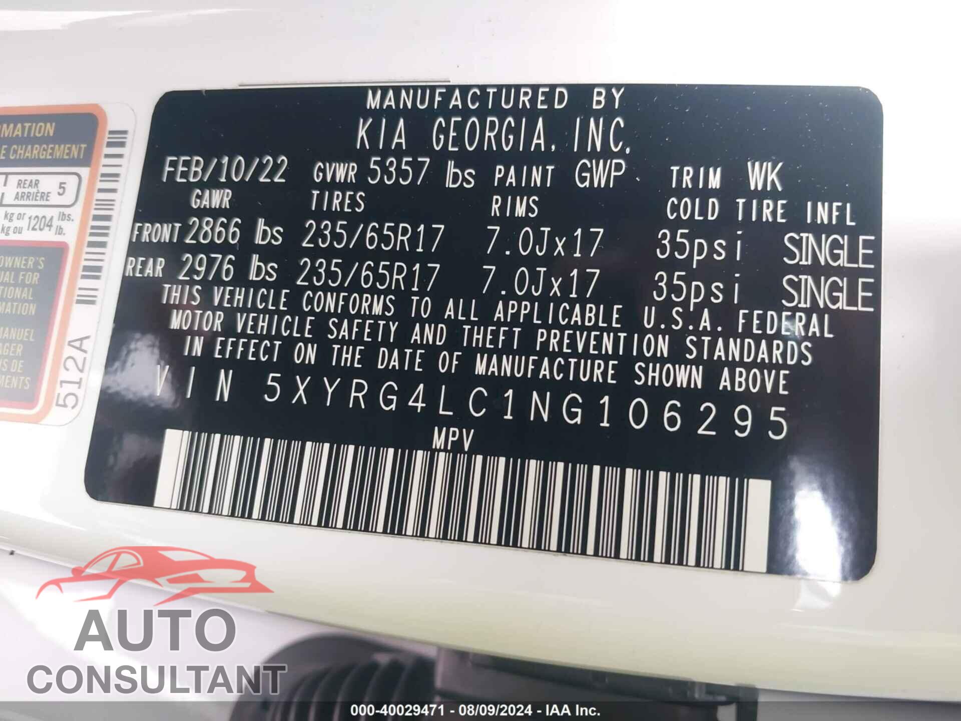 KIA SORENTO 2022 - 5XYRG4LC1NG106295