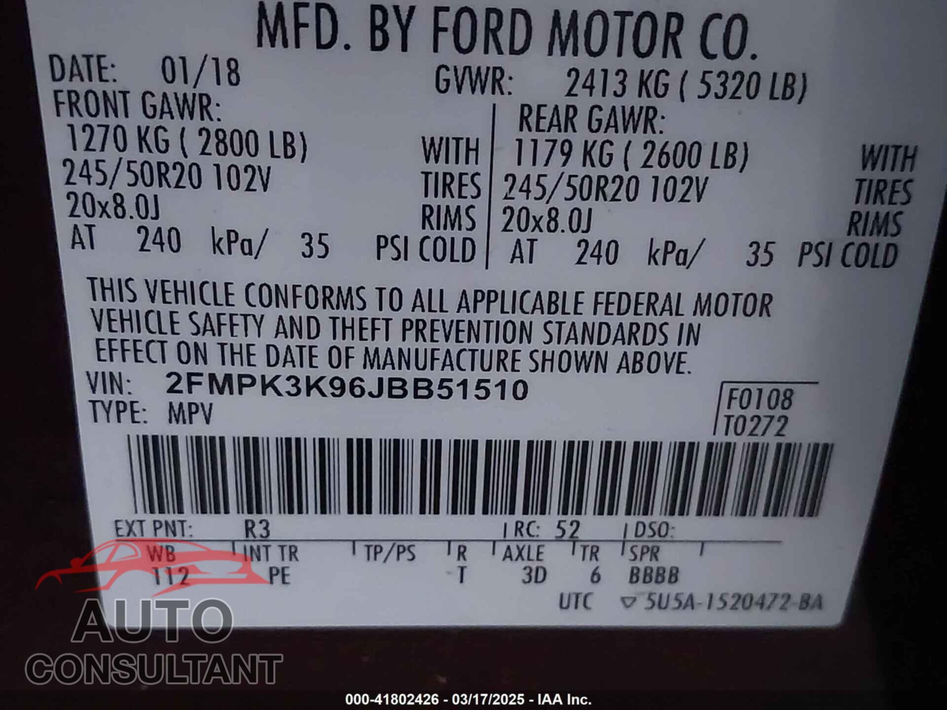 FORD EDGE 2018 - 2FMPK3K96JBB51510