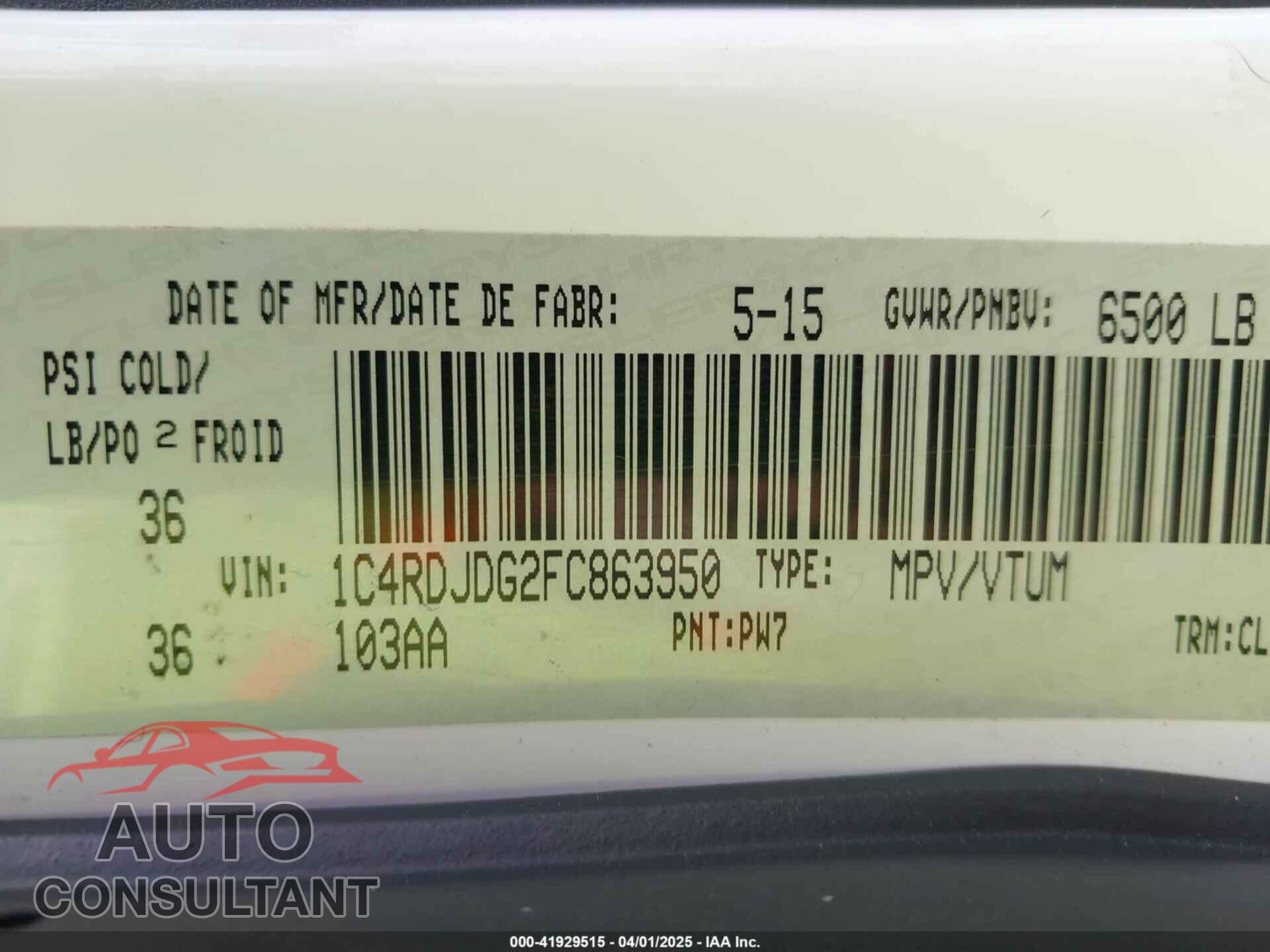 DODGE DURANGO 2015 - 1C4RDJDG2FC863950