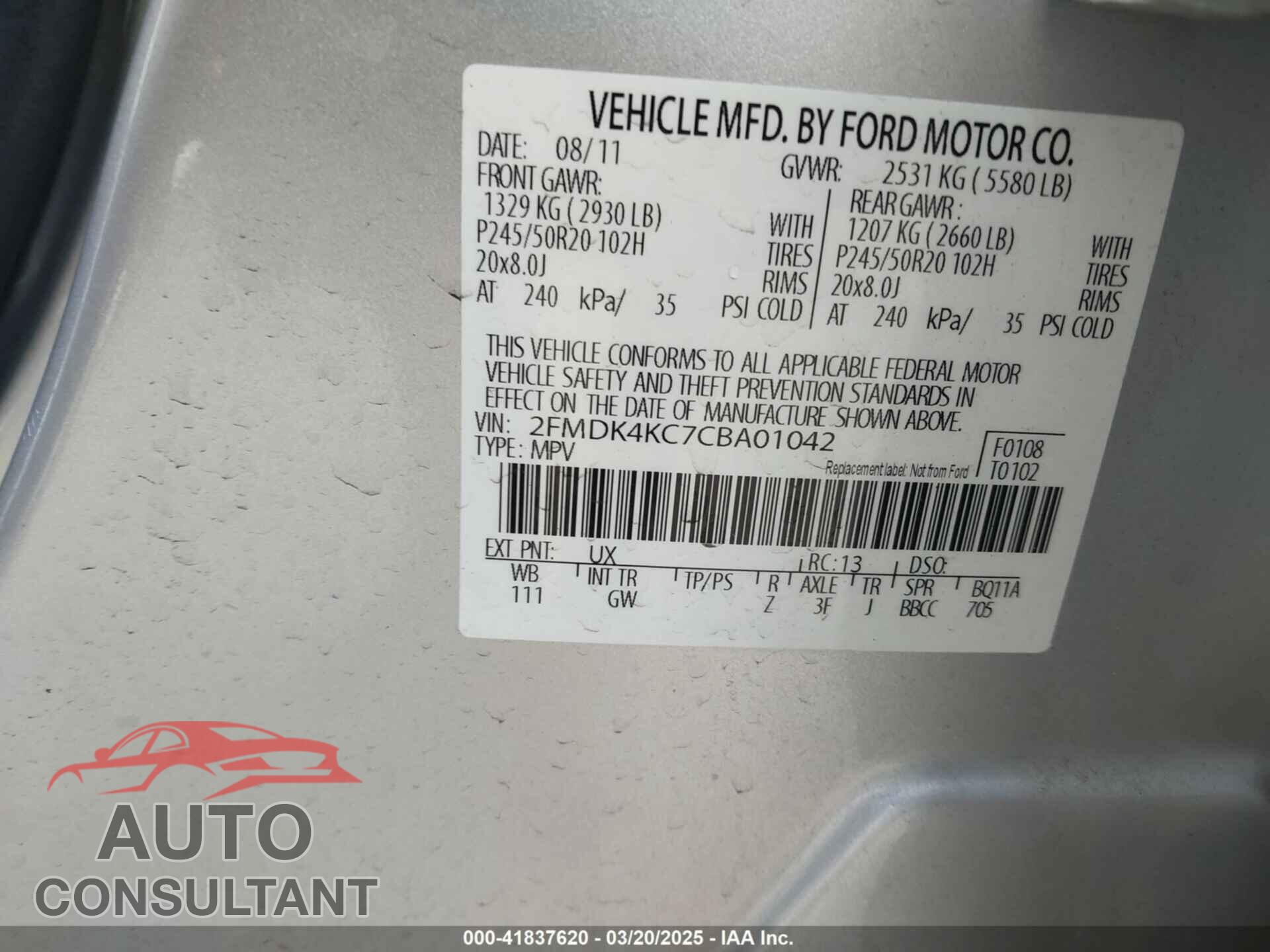 FORD EDGE 2012 - 2FMDK4KC7CBA01042