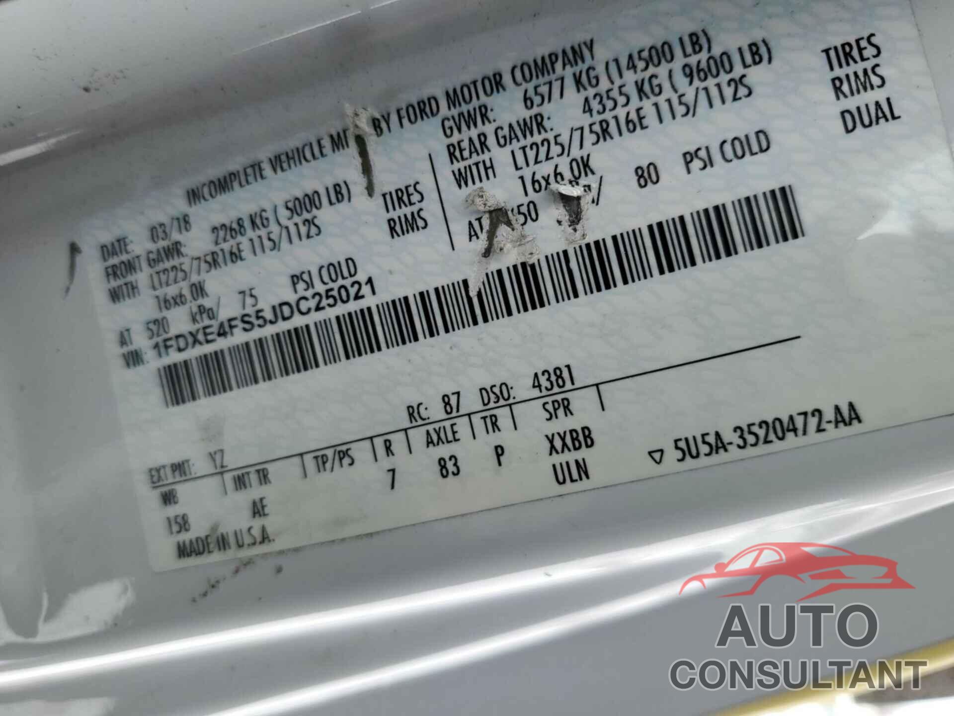 FORD E-450 CUTAWAY 2018 - 1FDXE4FS5JDC25021