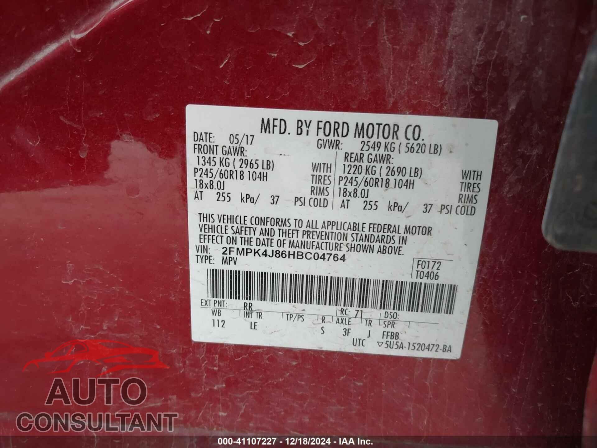 FORD EDGE 2017 - 2FMPK4J86HBC04764
