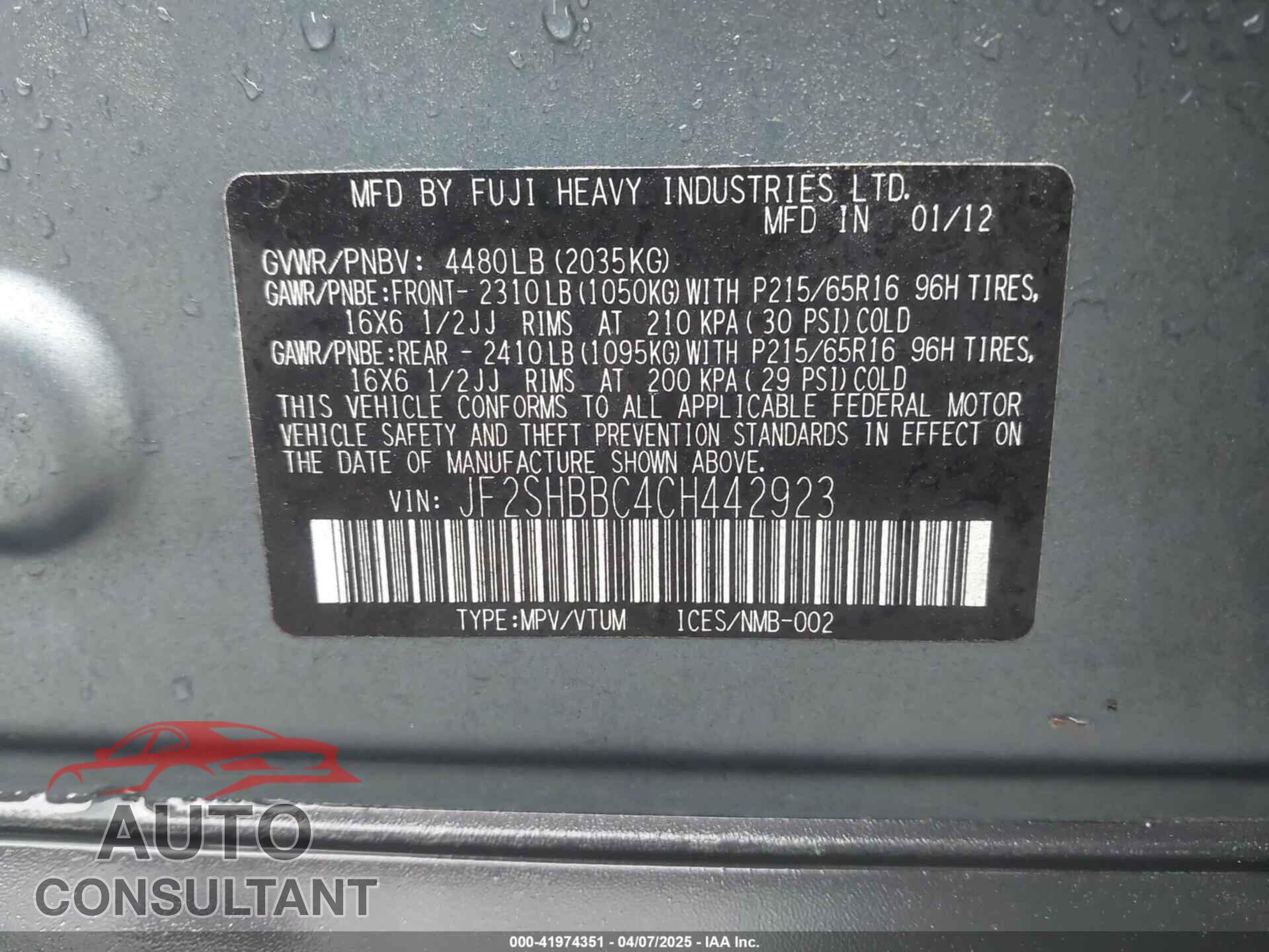 SUBARU FORESTER 2012 - JF2SHBBC4CH442923