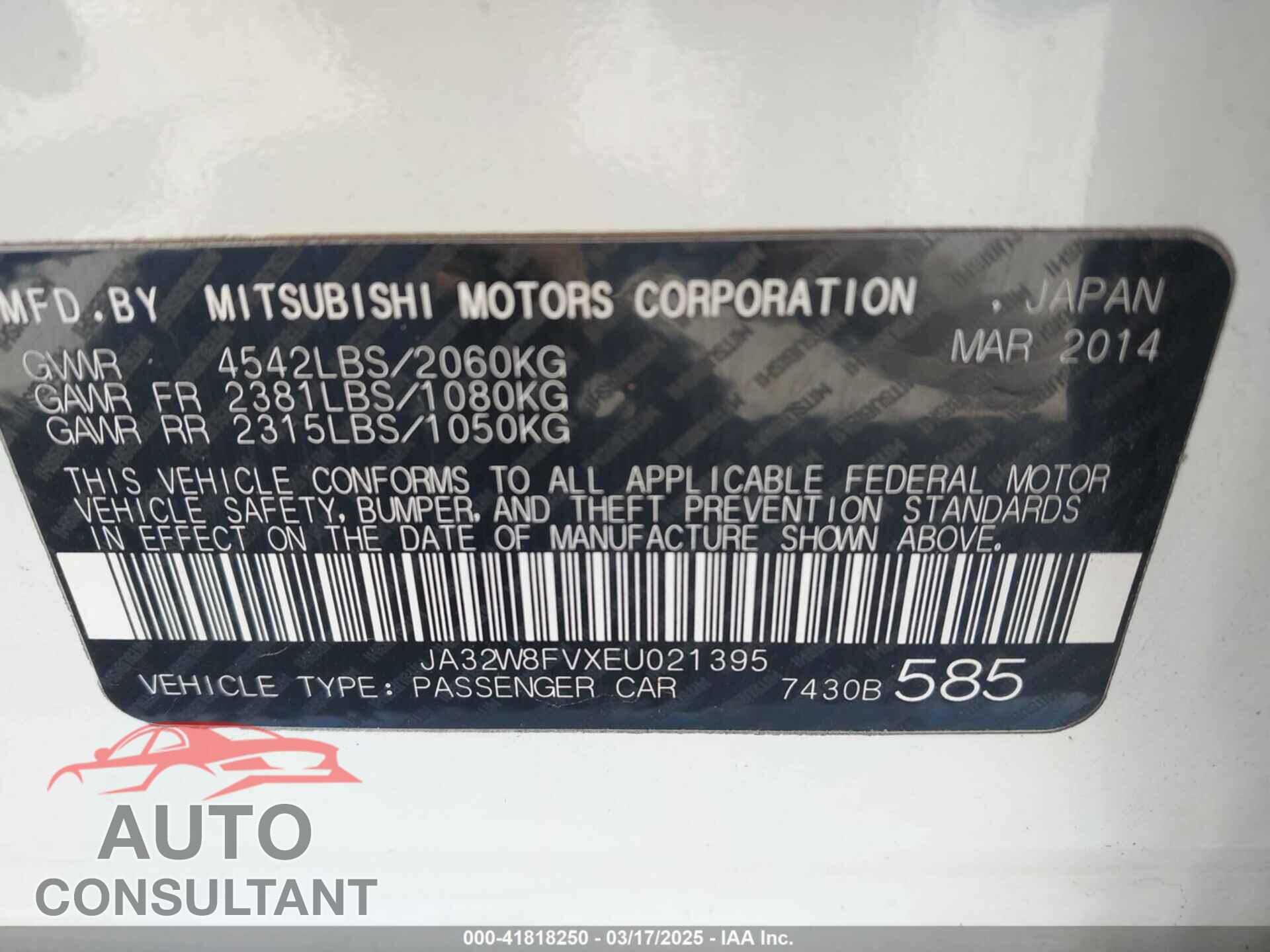 MITSUBISHI LANCER EVOLUTION 2014 - JA32W8FVXEU021395