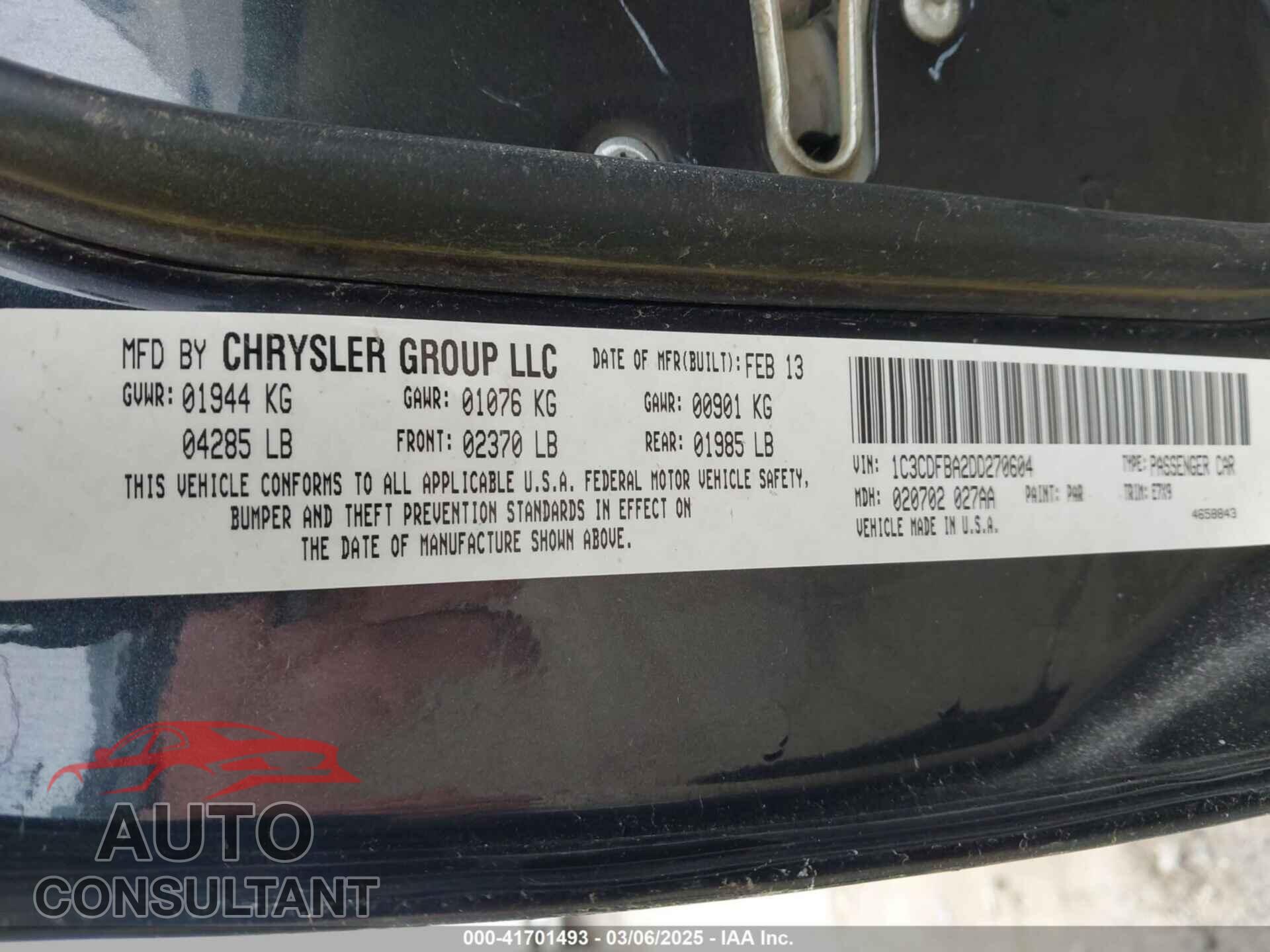 DODGE DART 2013 - 1C3CDFBA2DD270604
