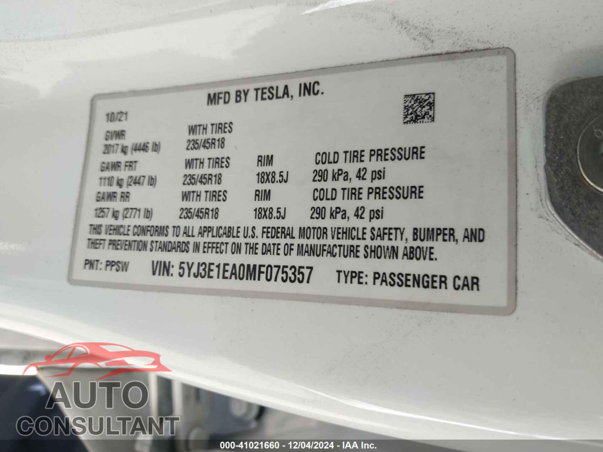 TESLA MODEL 3 2021 - 5YJ3E1EA0MF075357