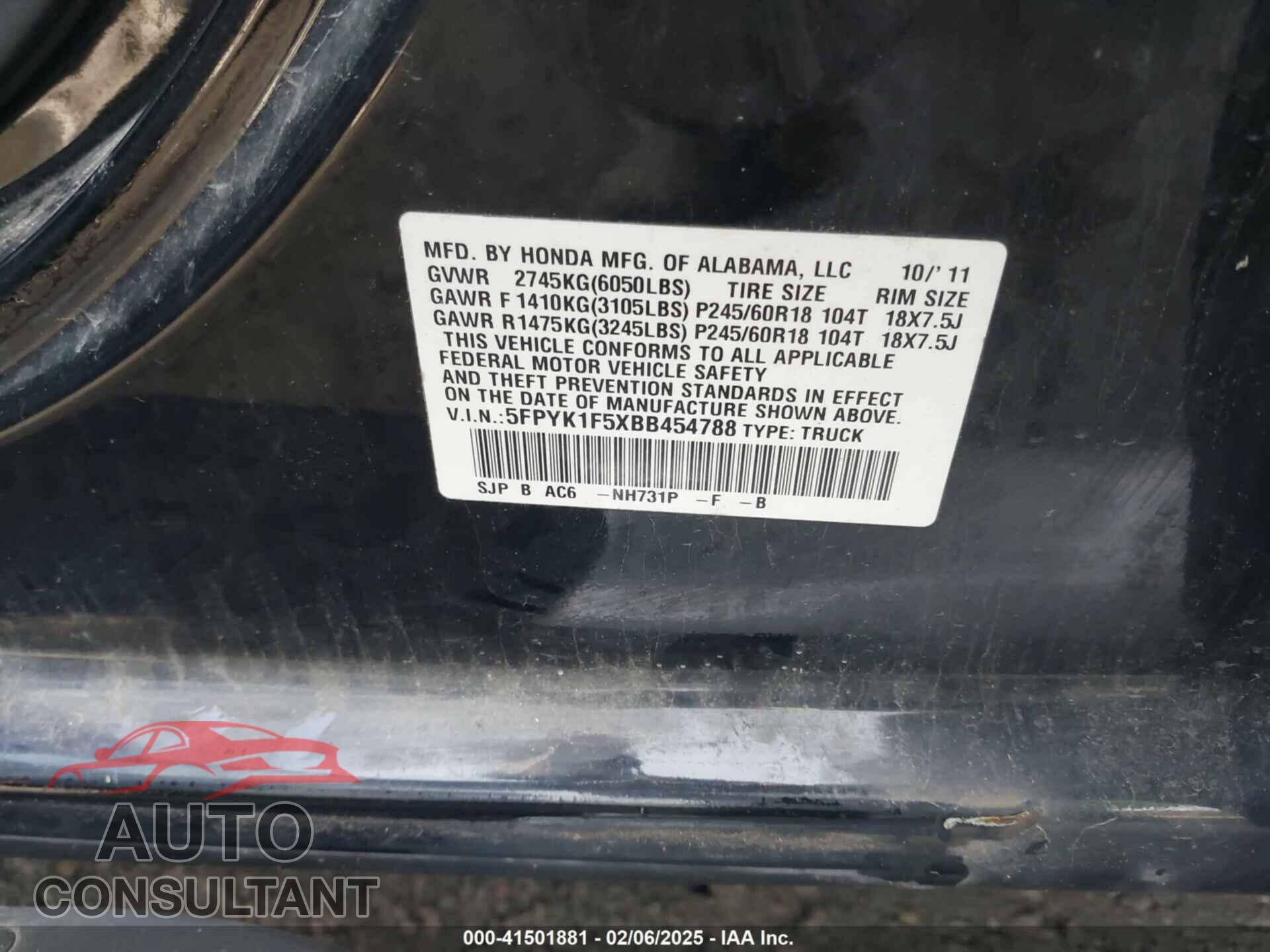 HONDA RIDGELINE 2011 - 5FPYK1F5XBB454788