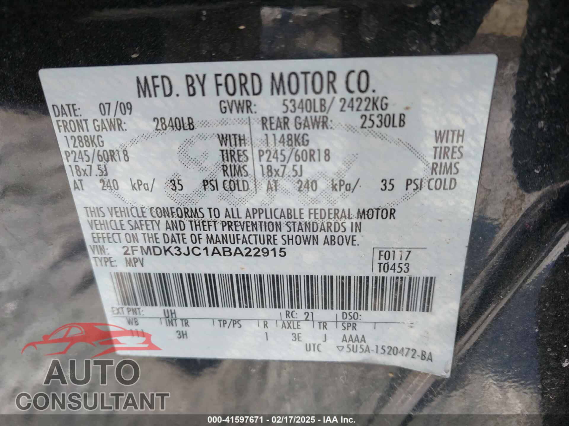 FORD EDGE 2010 - 2FMDK3JC1ABA22915