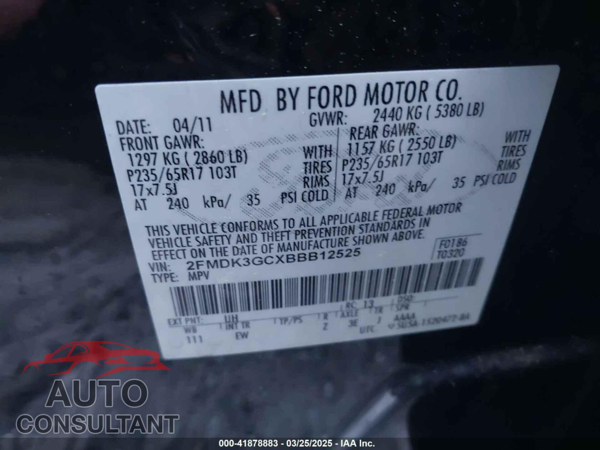 FORD EDGE 2011 - 2FMDK3GCXBBB12525
