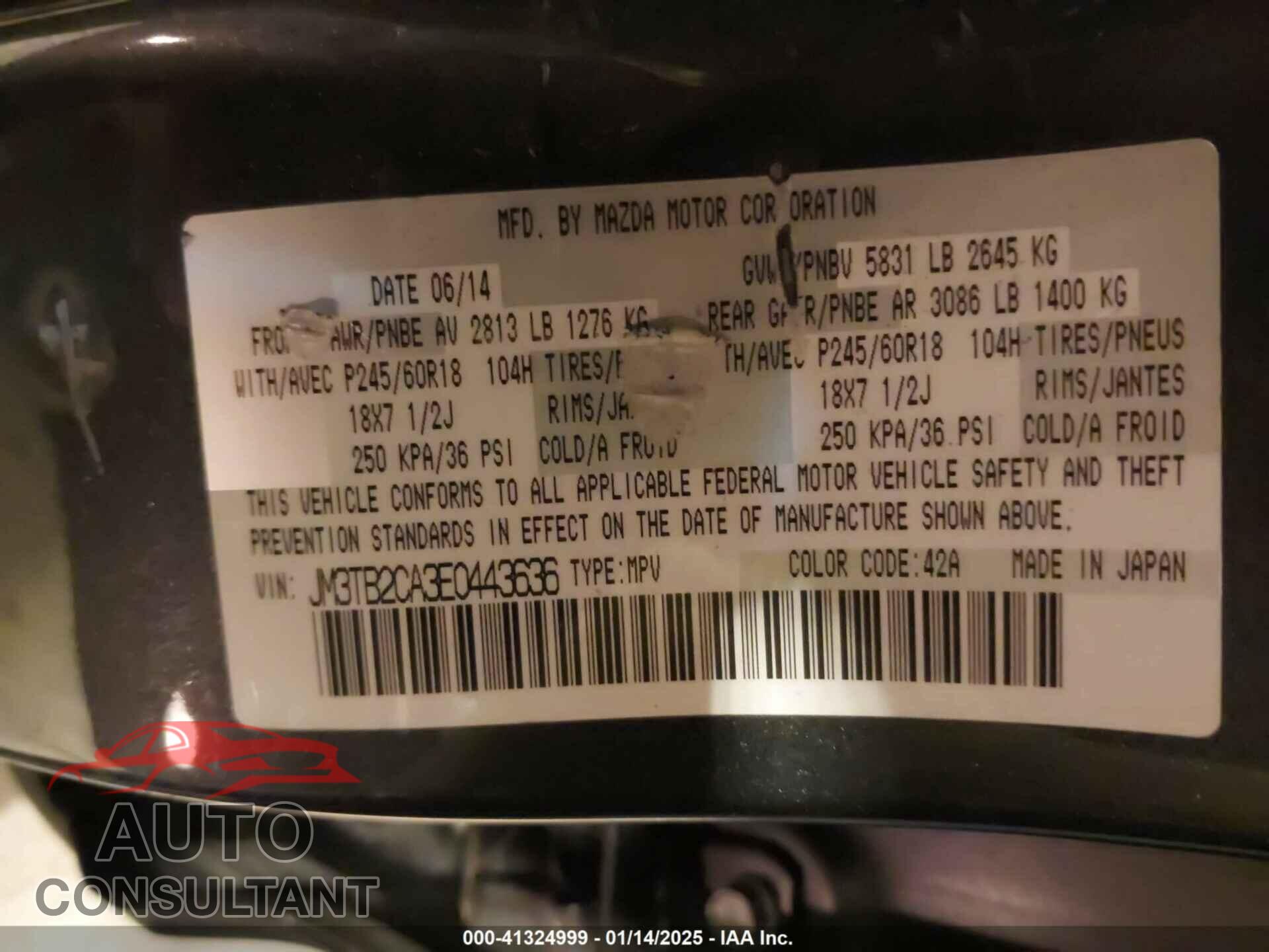 MAZDA CX-9 2014 - JM3TB2CA3E0443636