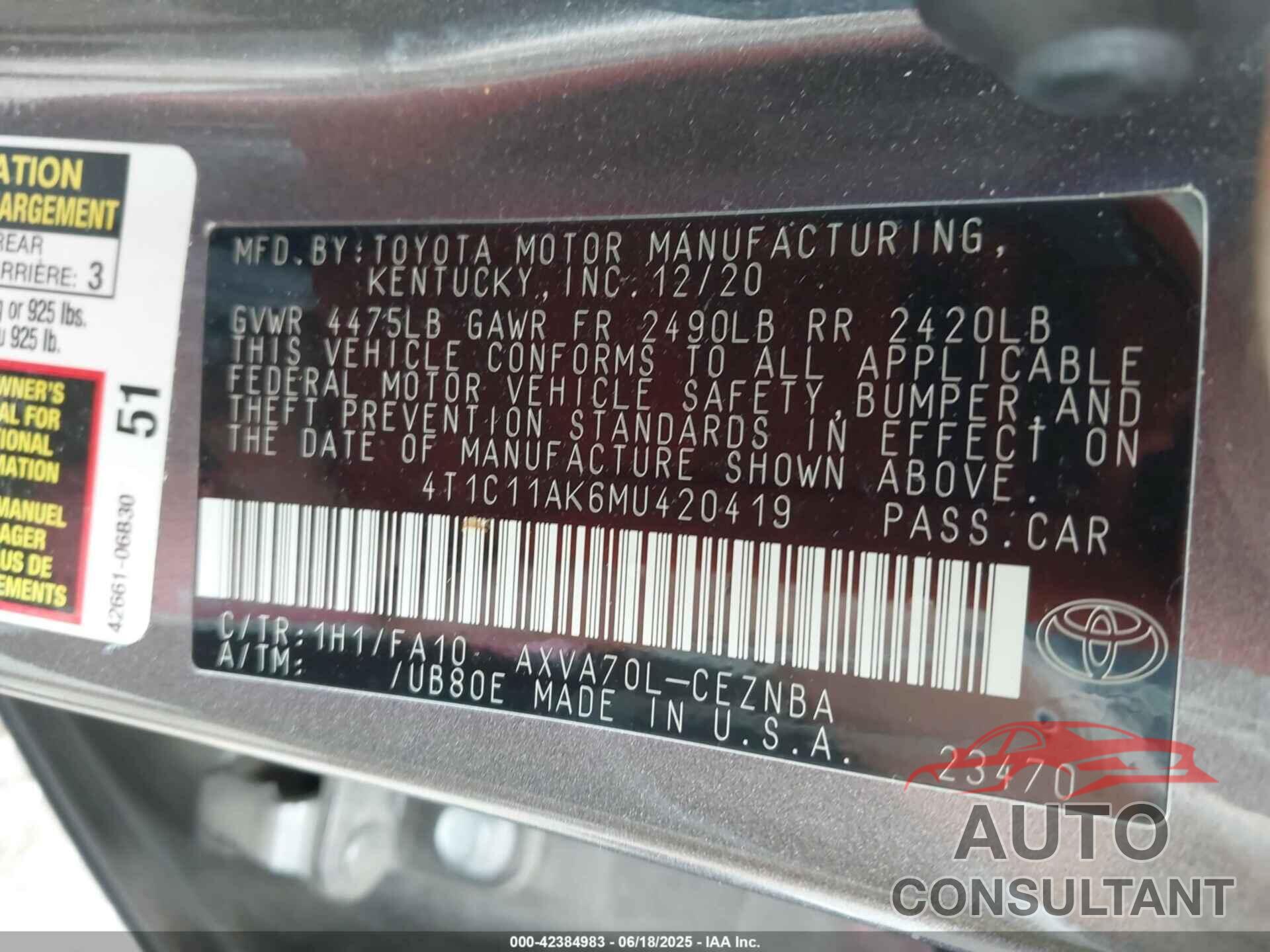 TOYOTA CAMRY 2021 - 4T1C11AK6MU420419