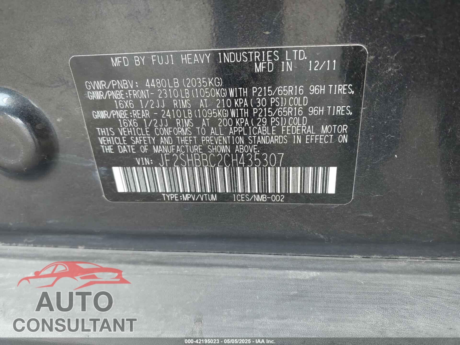 SUBARU FORESTER 2012 - JF2SHBBC2CH435307
