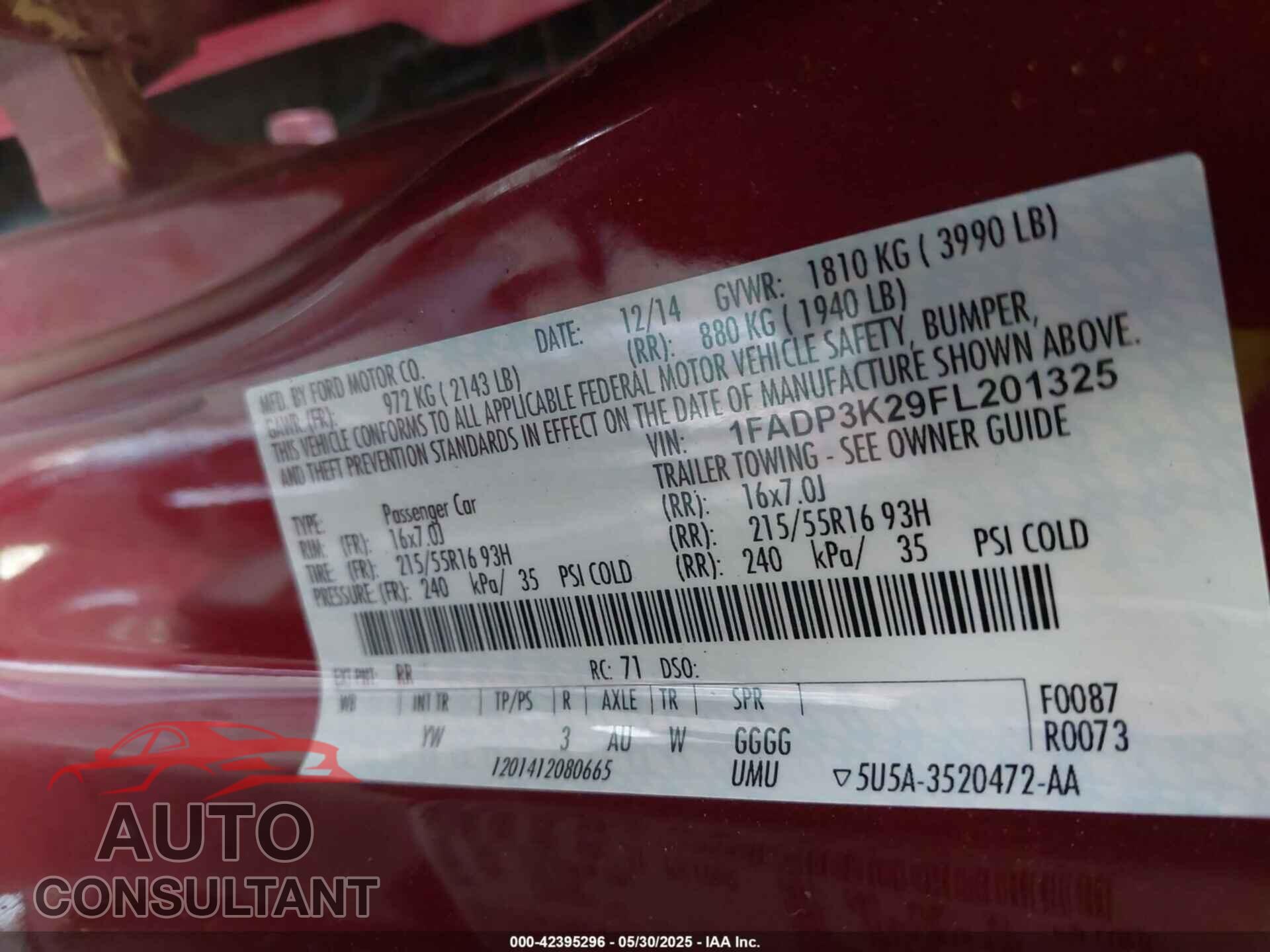 FORD FOCUS 2015 - 1FADP3K29FL201325