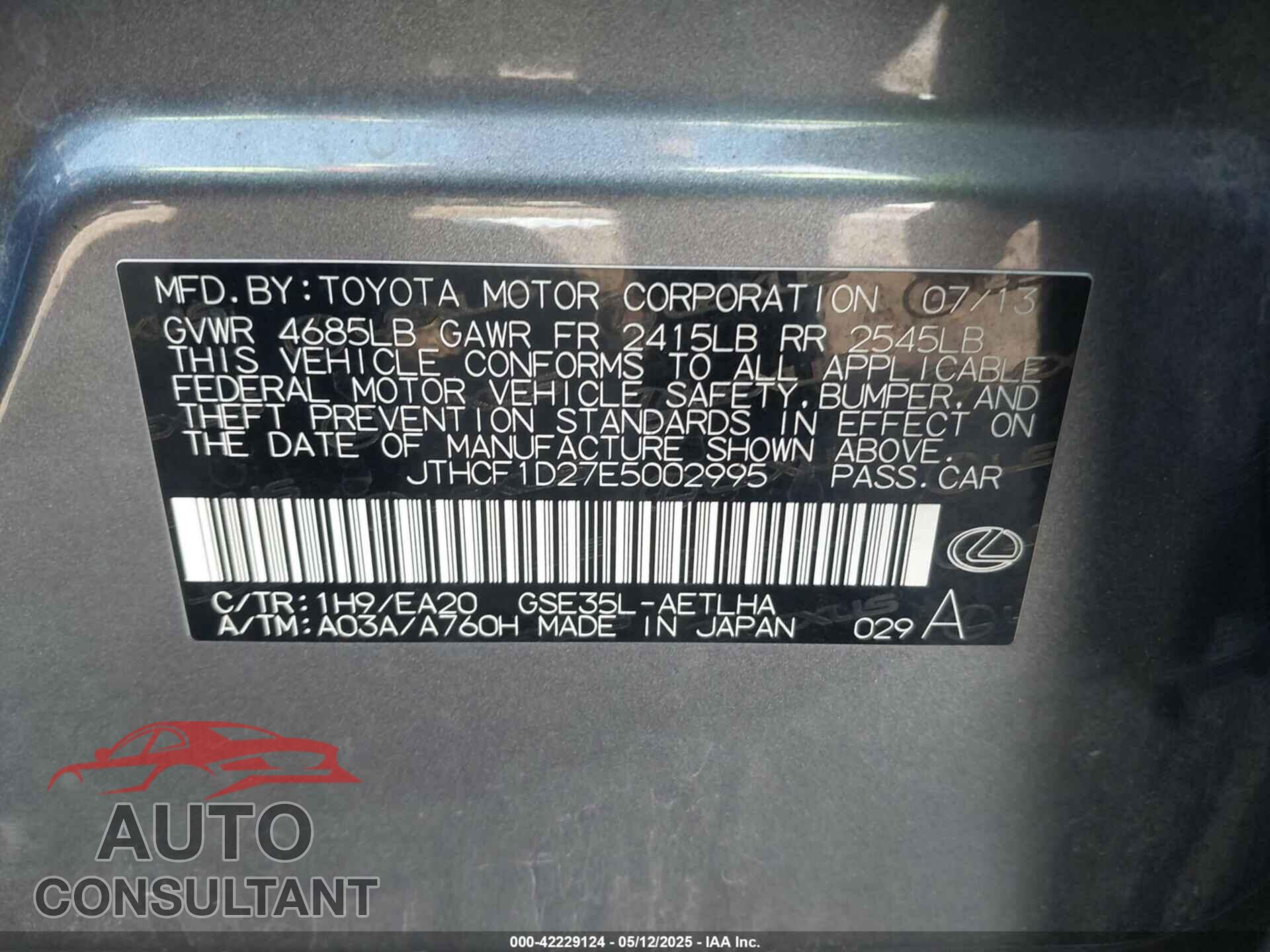 LEXUS IS 250 2014 - JTHCF1D27E5002995