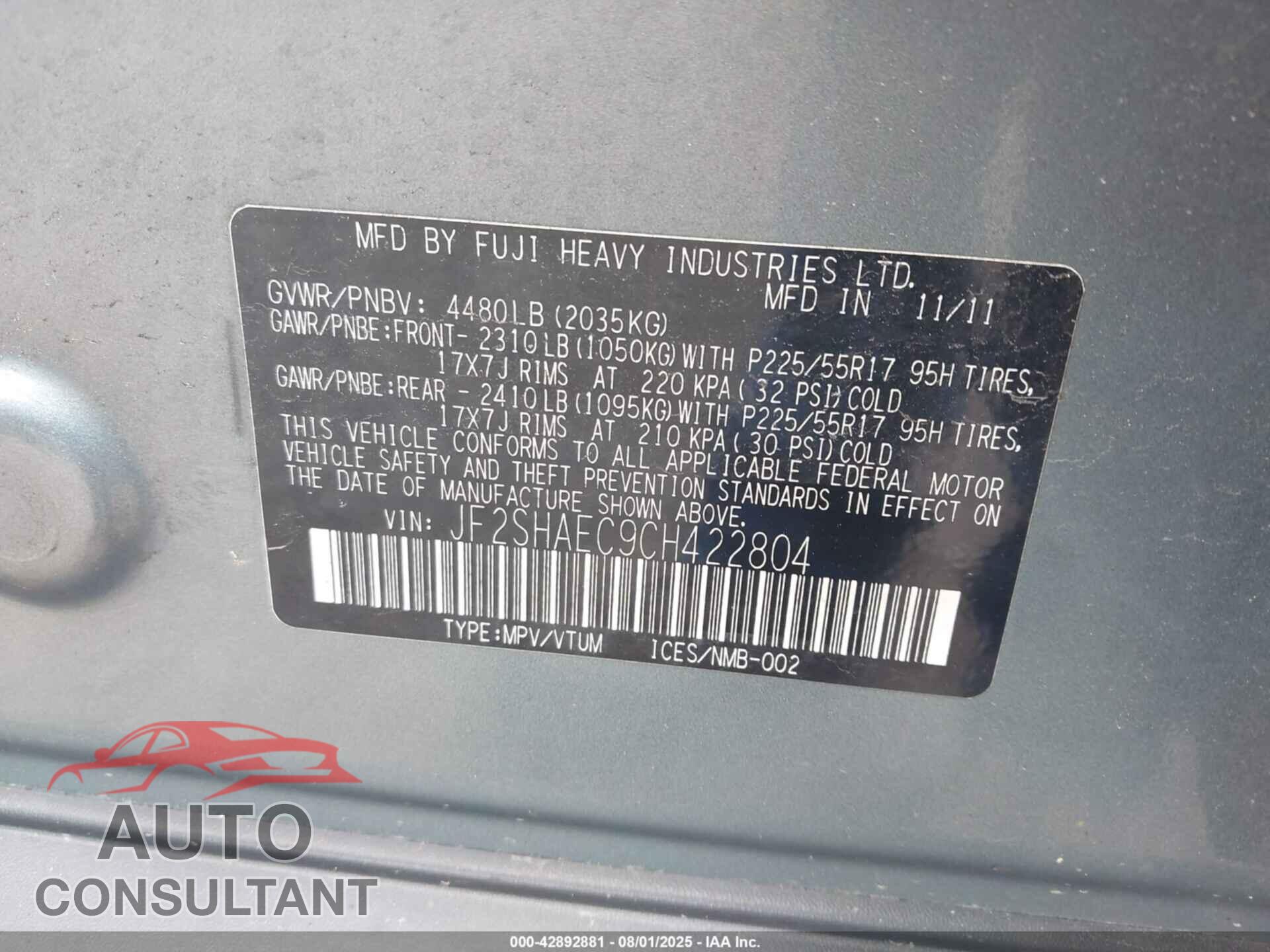 SUBARU FORESTER 2012 - JF2SHAEC9CH422804