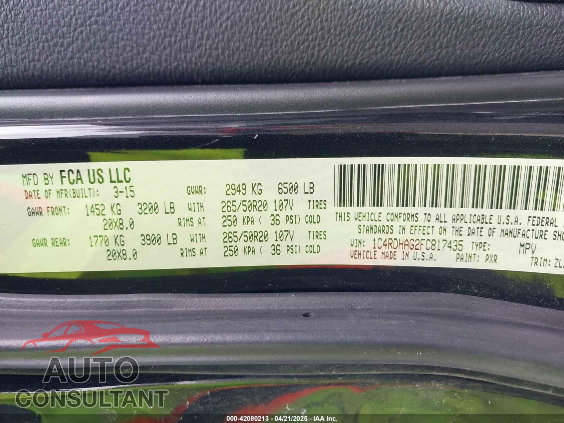 DODGE DURANGO 2015 - 1C4RDHAG2FC817435