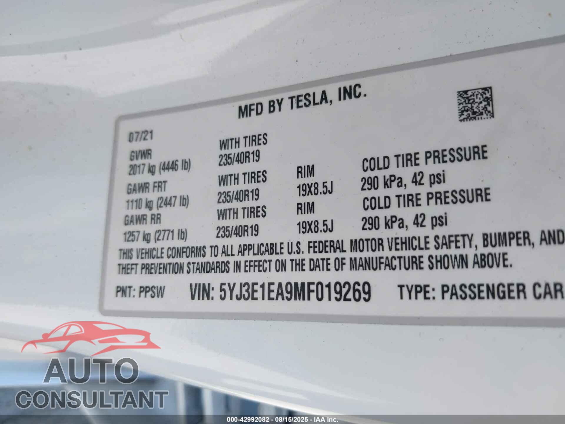 TESLA MODEL 3 2021 - 5YJ3E1EA9MF019269