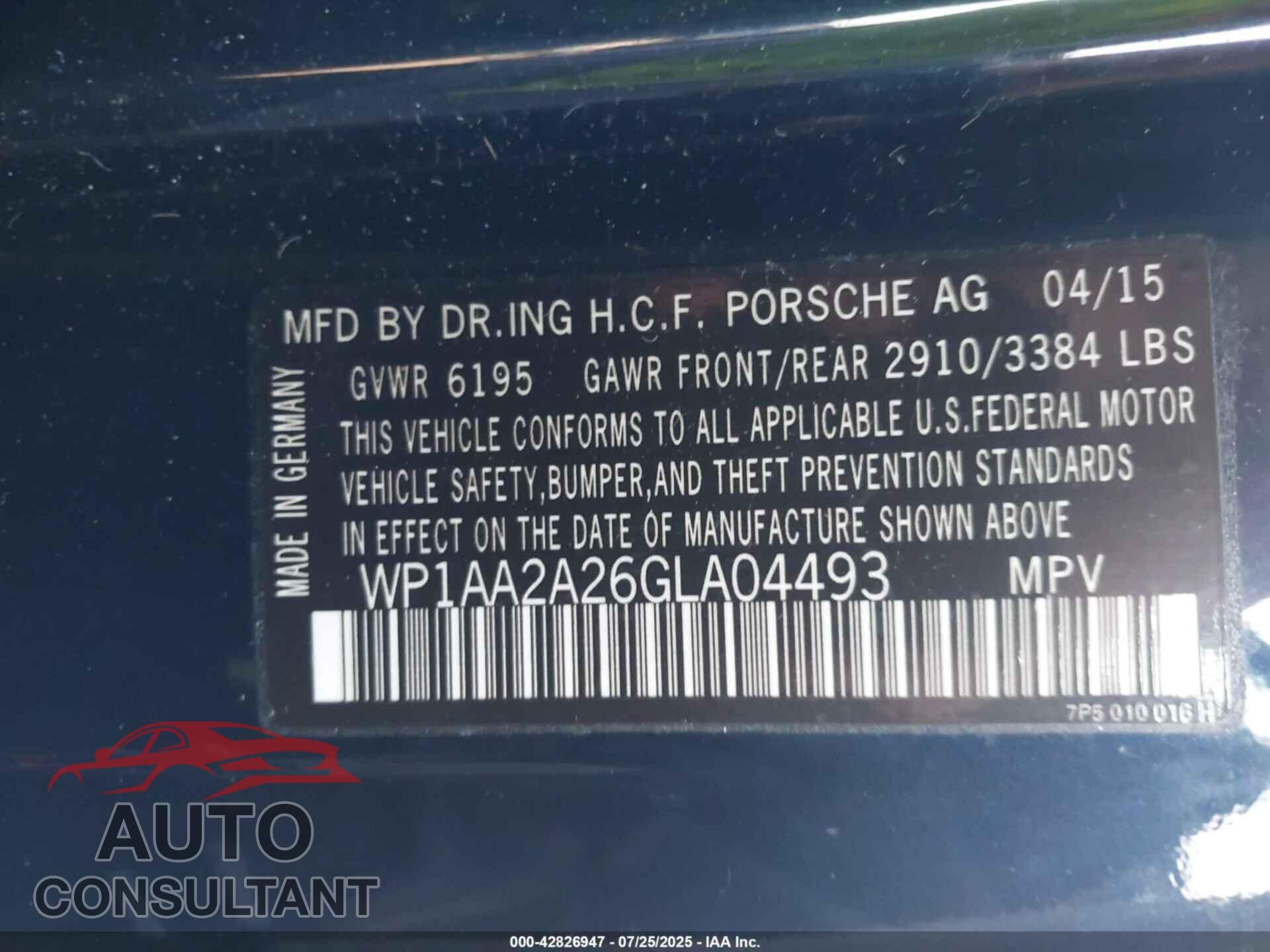 PORSCHE CAYENNE 2016 - WP1AA2A26GLA04493