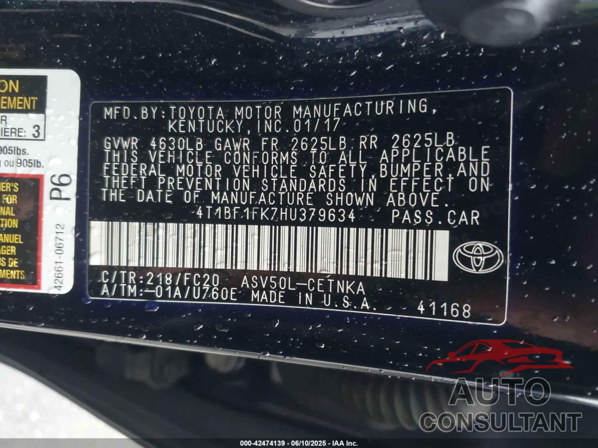 TOYOTA CAMRY 2017 - 4T1BF1FK7HU379634