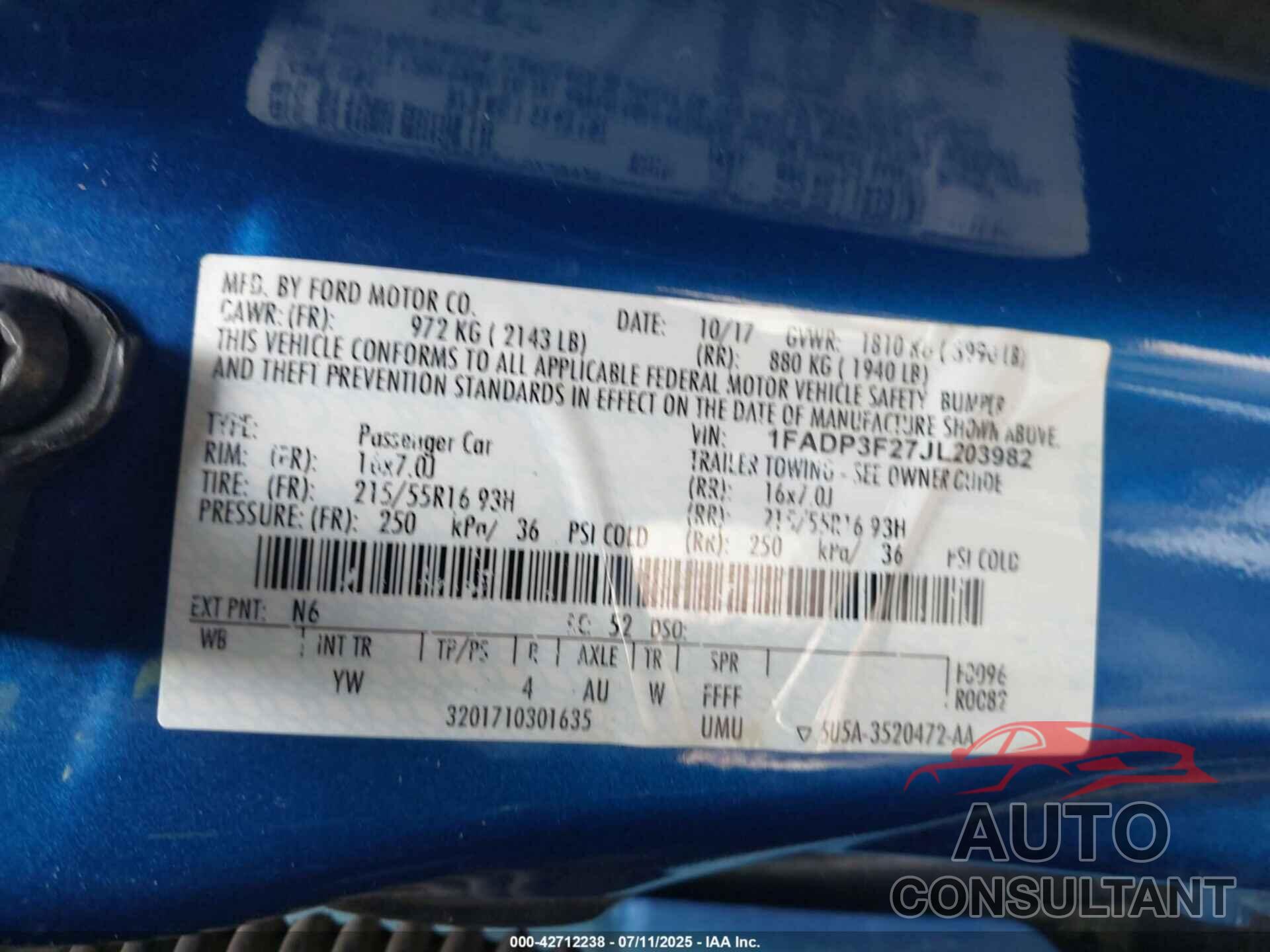 FORD FOCUS 2018 - 1FADP3F27JL203982