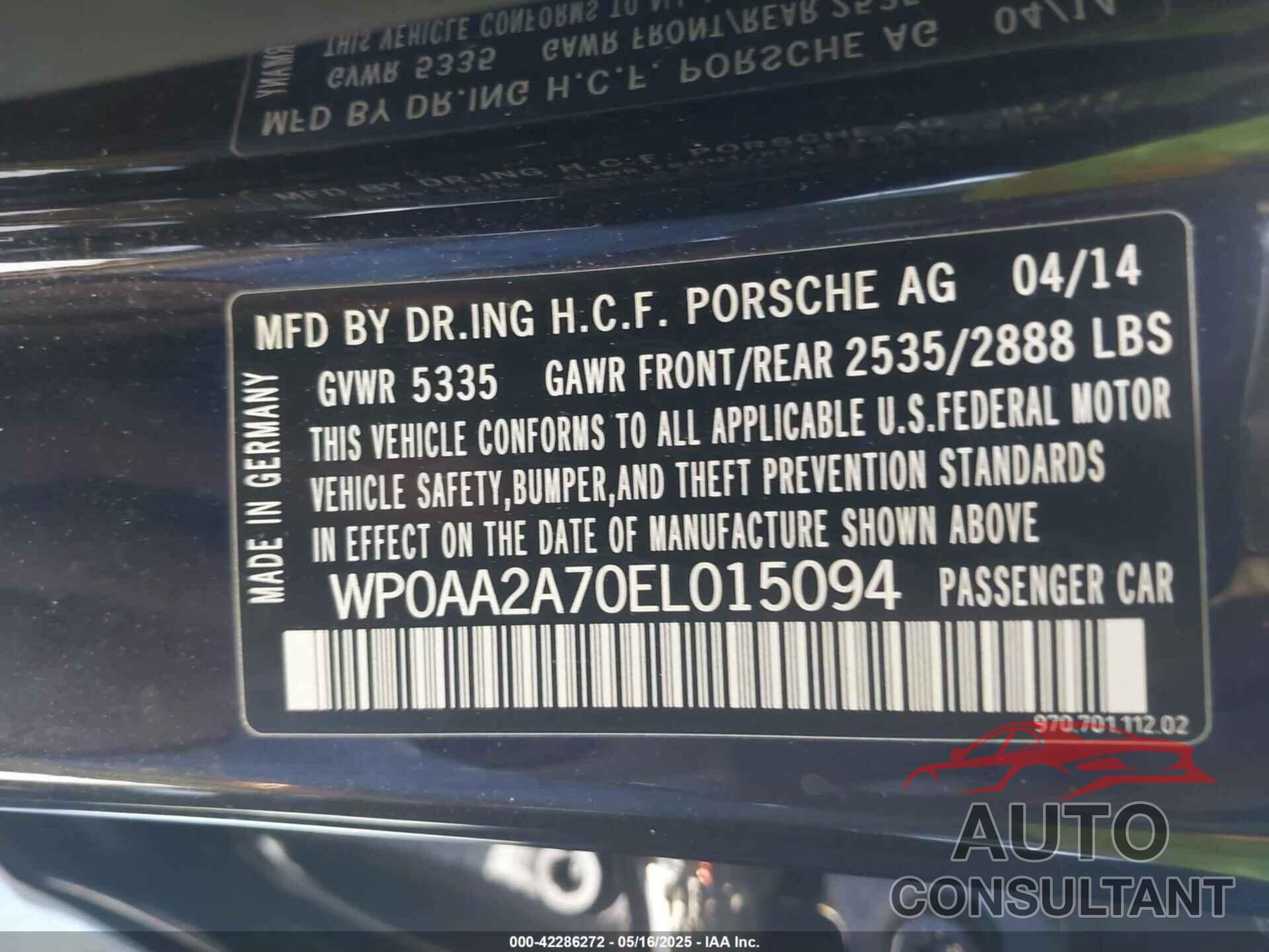 PORSCHE PANAMERA 2014 - WP0AA2A70EL015094