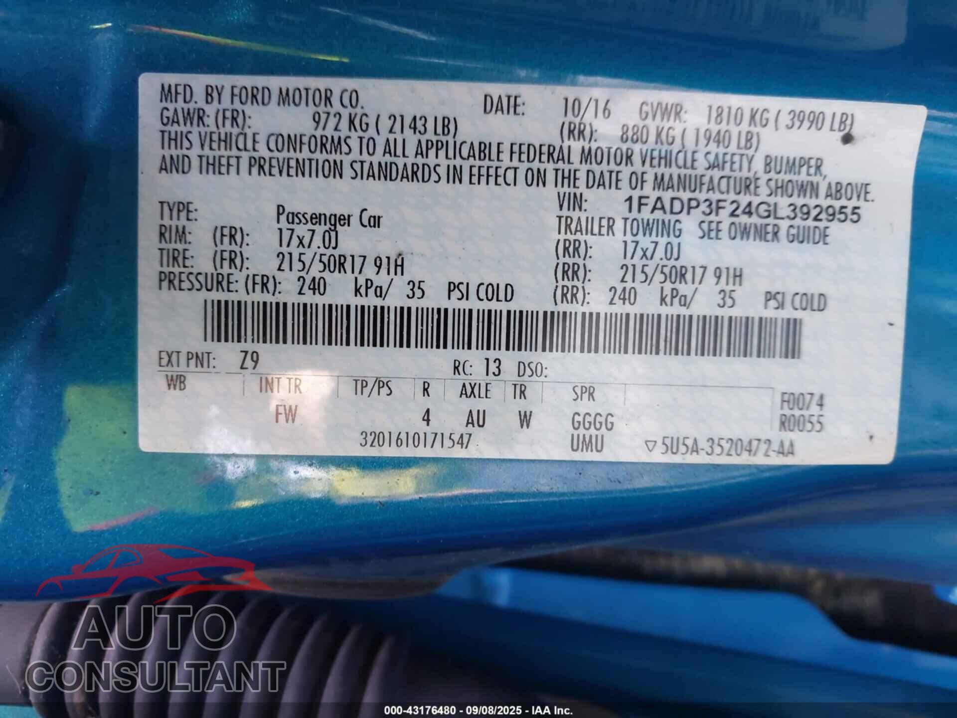 FORD FOCUS 2016 - 1FADP3F24GL392955