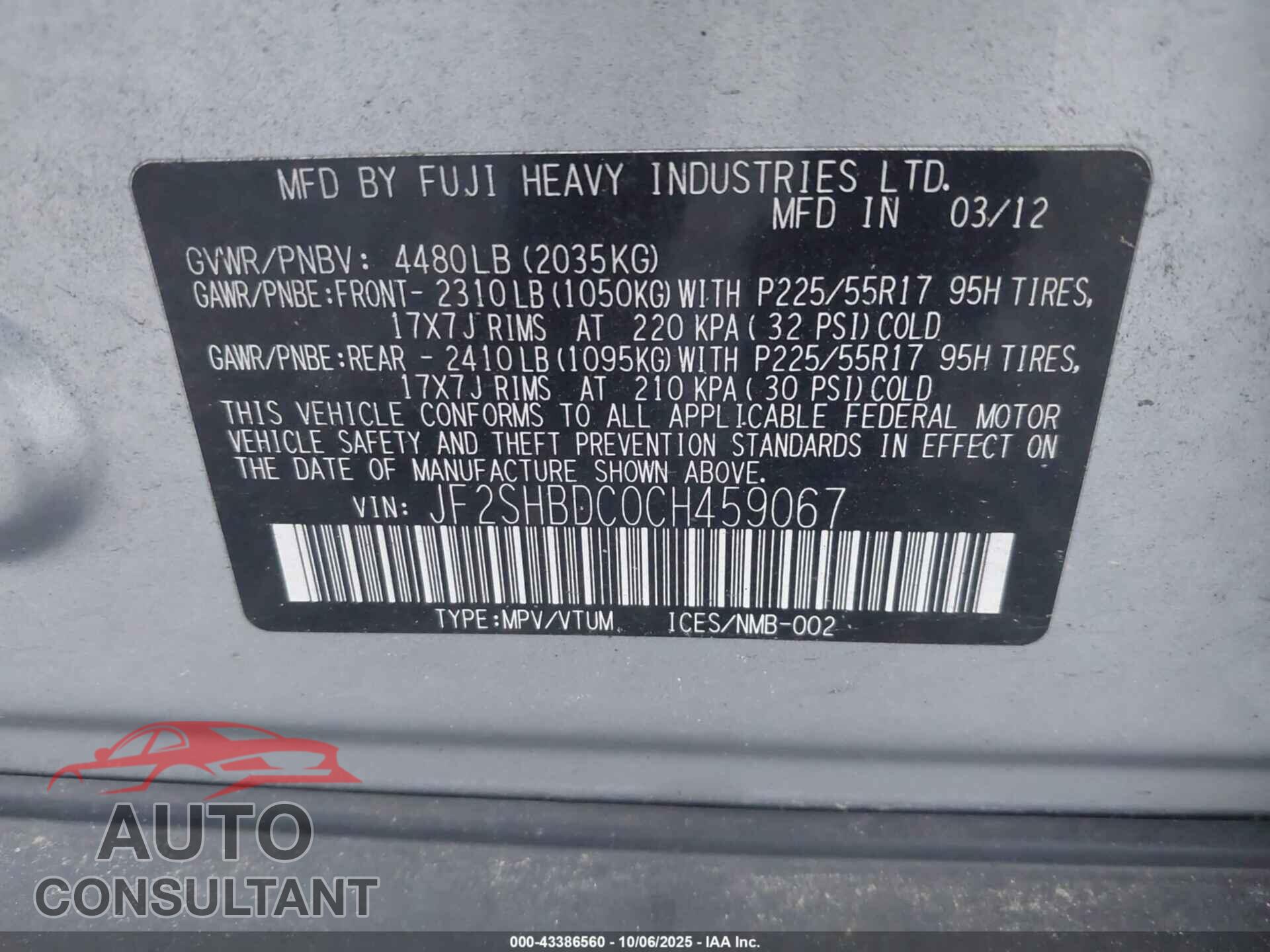 SUBARU FORESTER 2012 - JF2SHBDC0CH459067