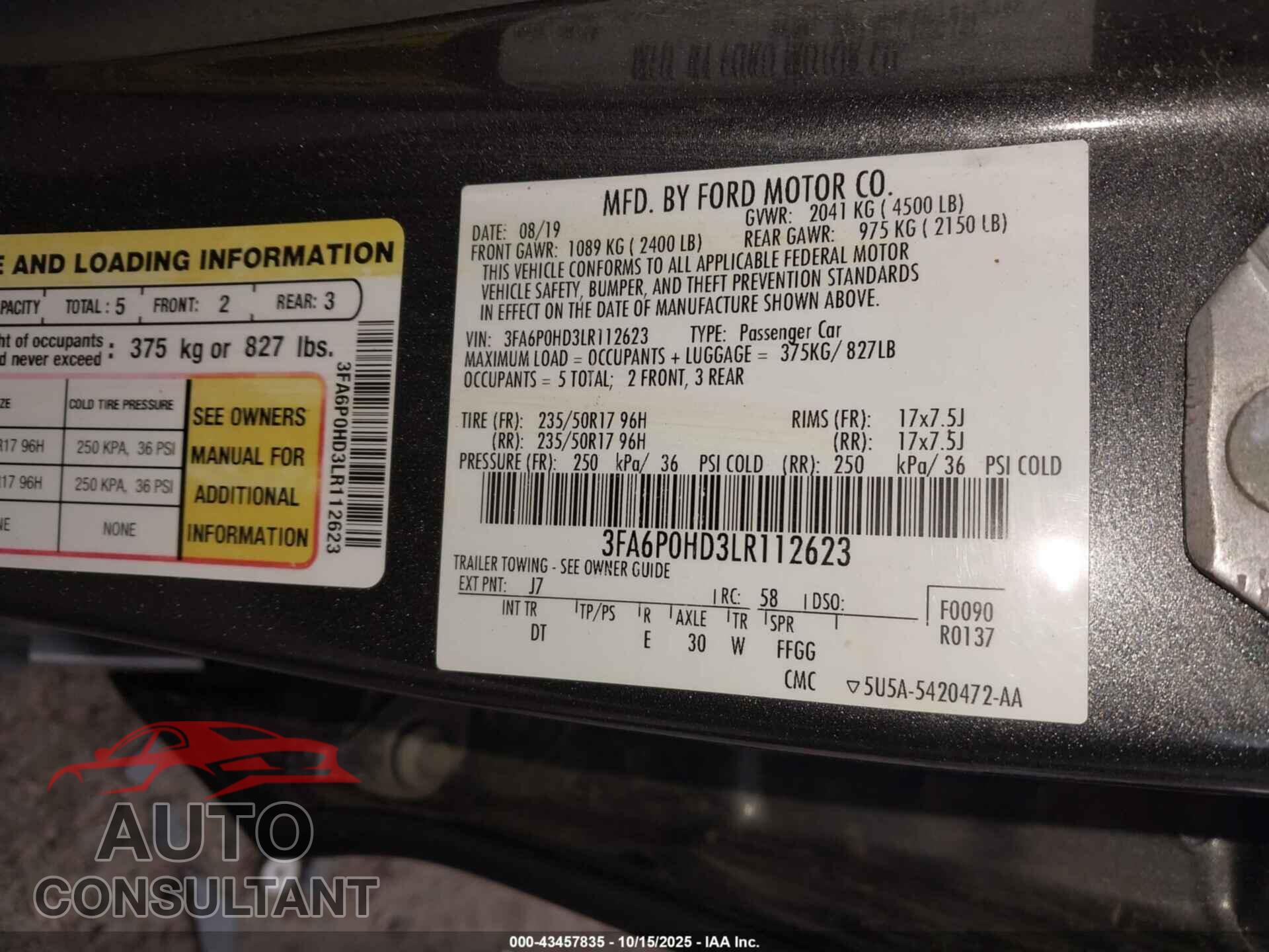 FORD FUSION 2020 - 3FA6P0HD3LR112623