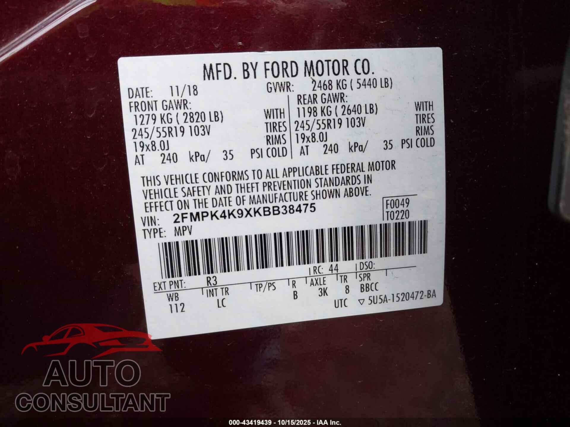 FORD EDGE 2019 - 2FMPK4K9XKBB38475