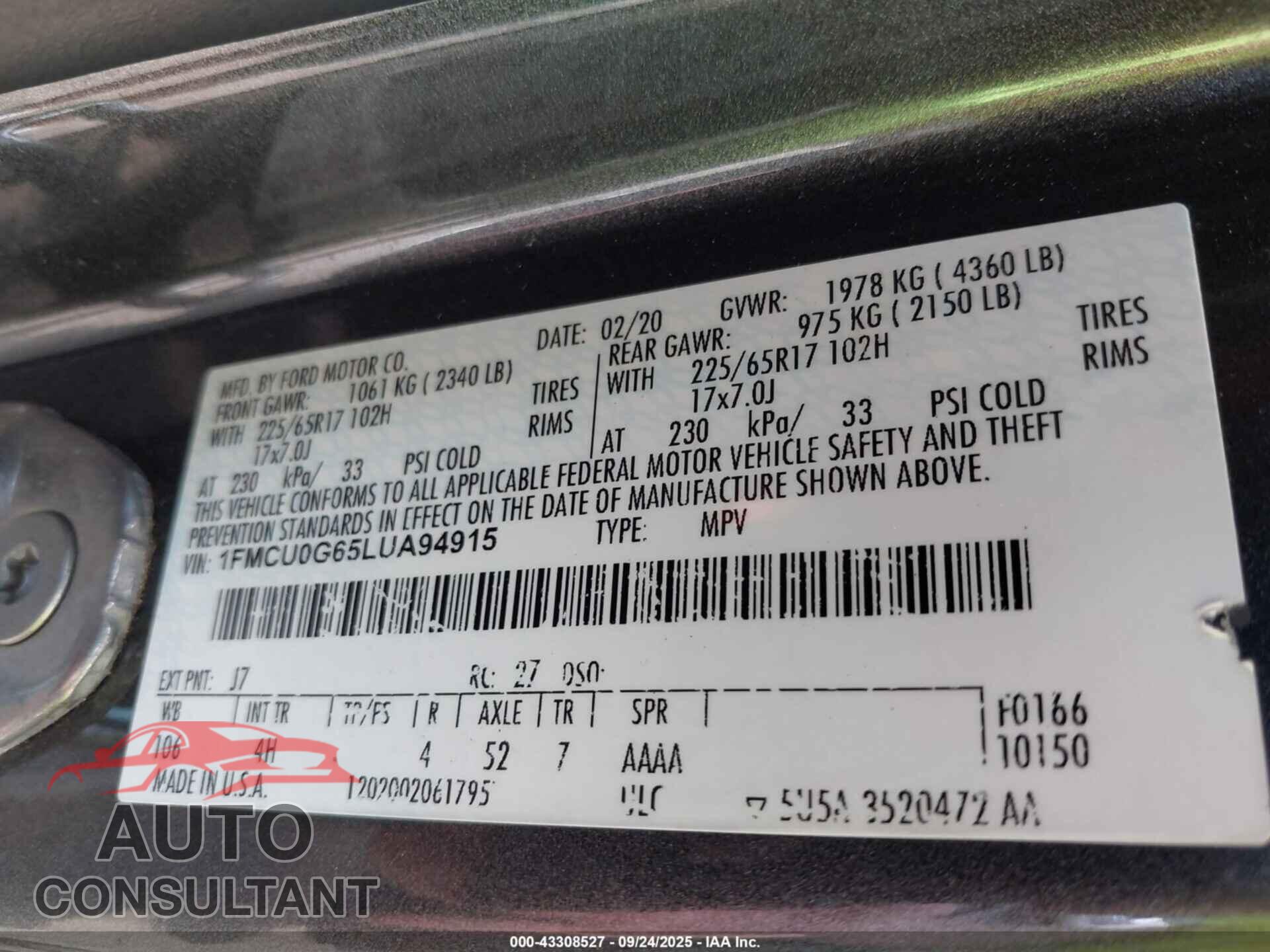 FORD ESCAPE 2020 - 1FMCU0G65LUA94915