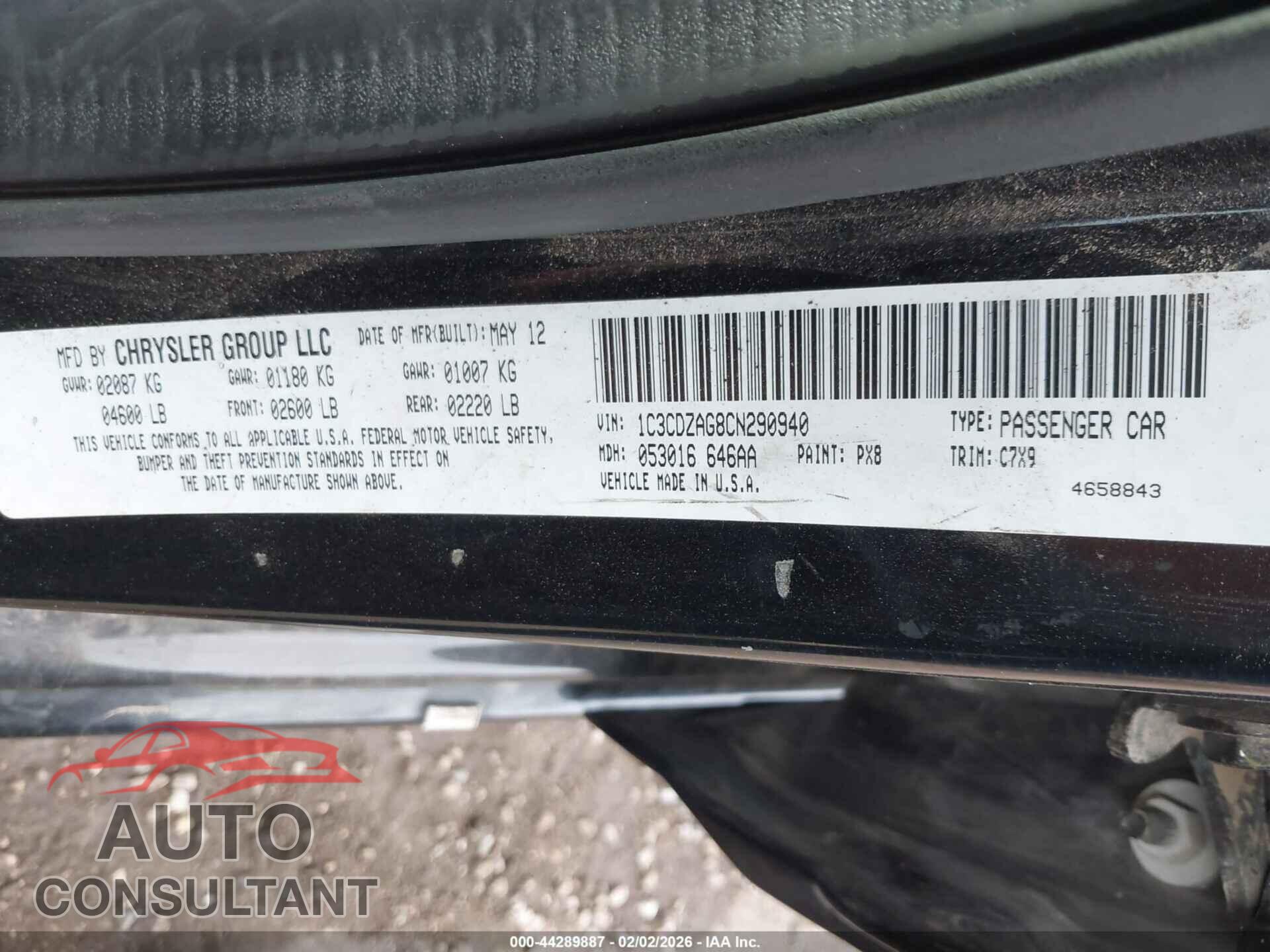 DODGE AVENGER 2012 - 1C3CDZAG8CN290940