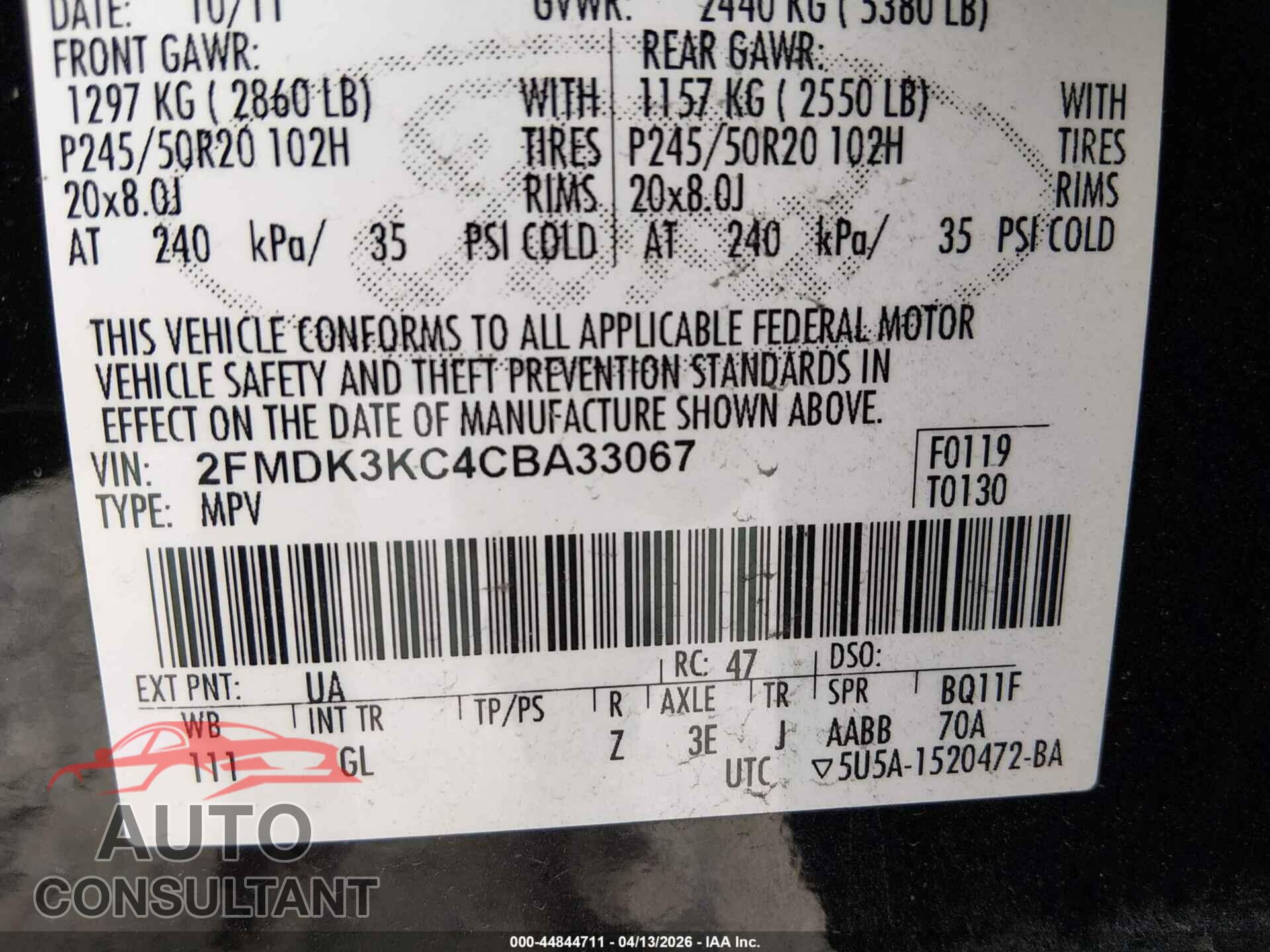 FORD EDGE 2012 - 2FMDK3KC4CBA33067