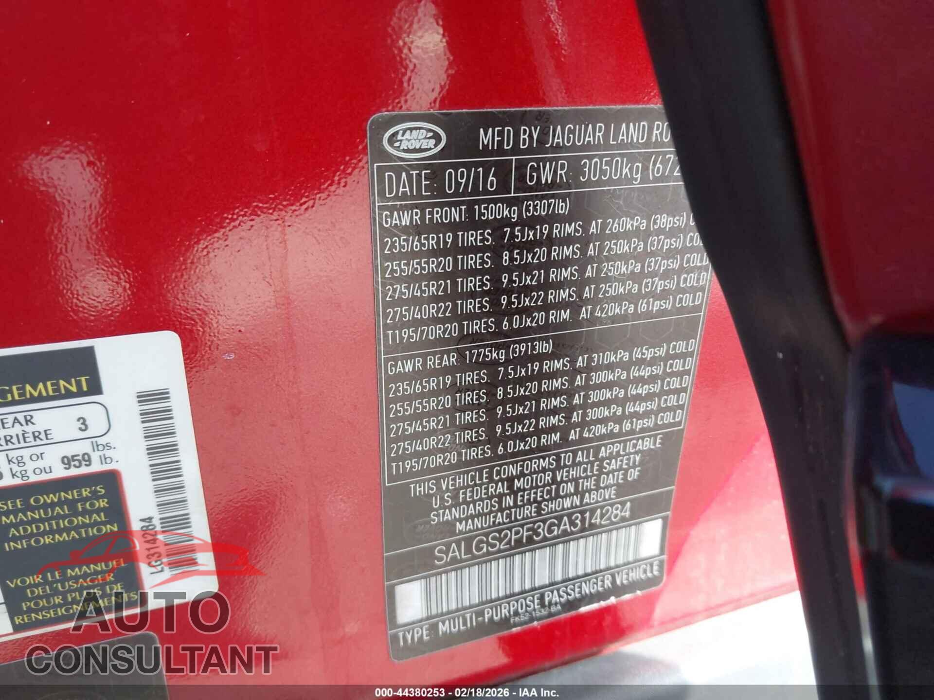 LAND ROVER RANGE ROVER 2016 - SALGS2PF3GA314284