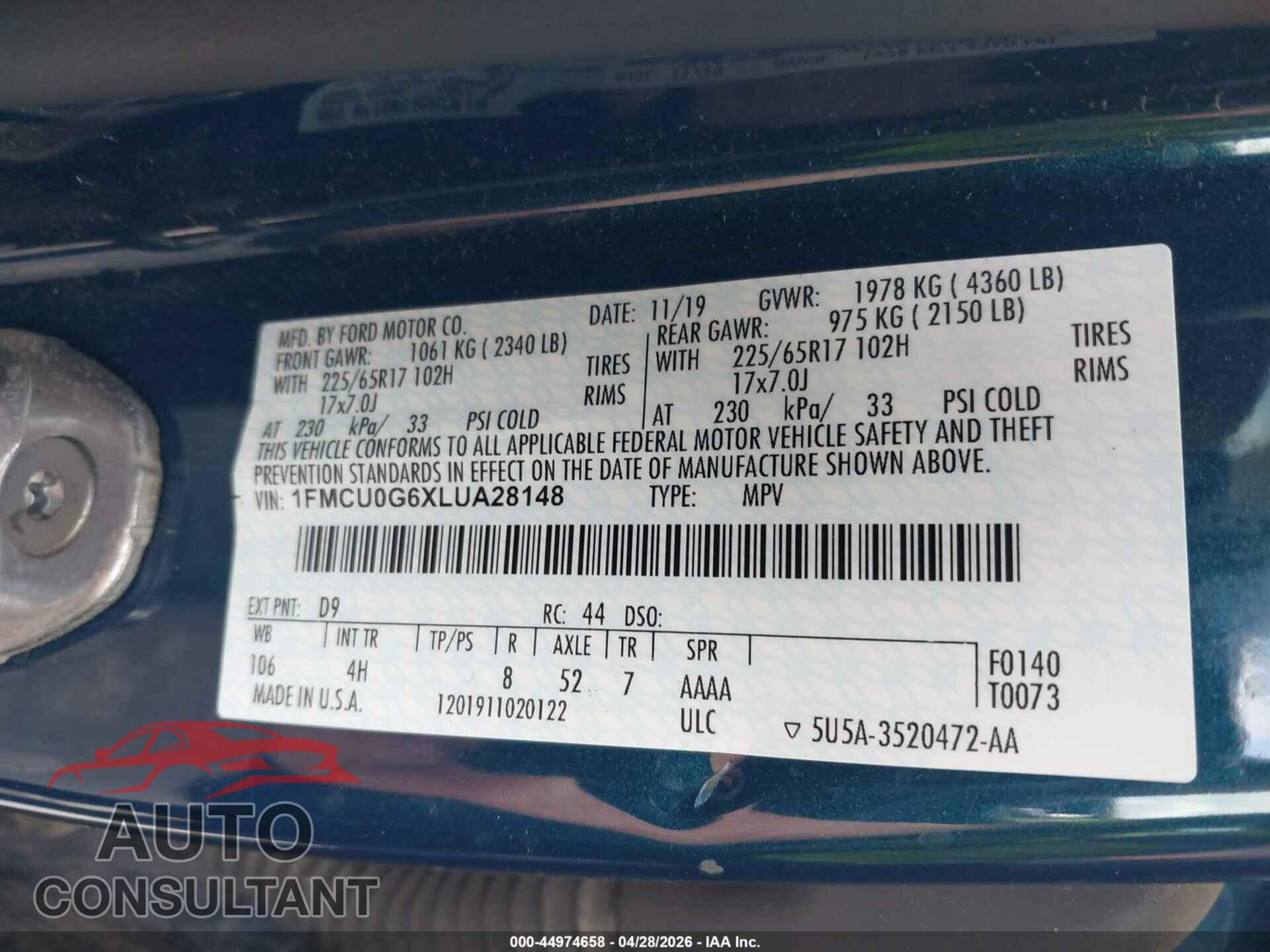 FORD ESCAPE 2020 - 1FMCU0G6XLUA28148