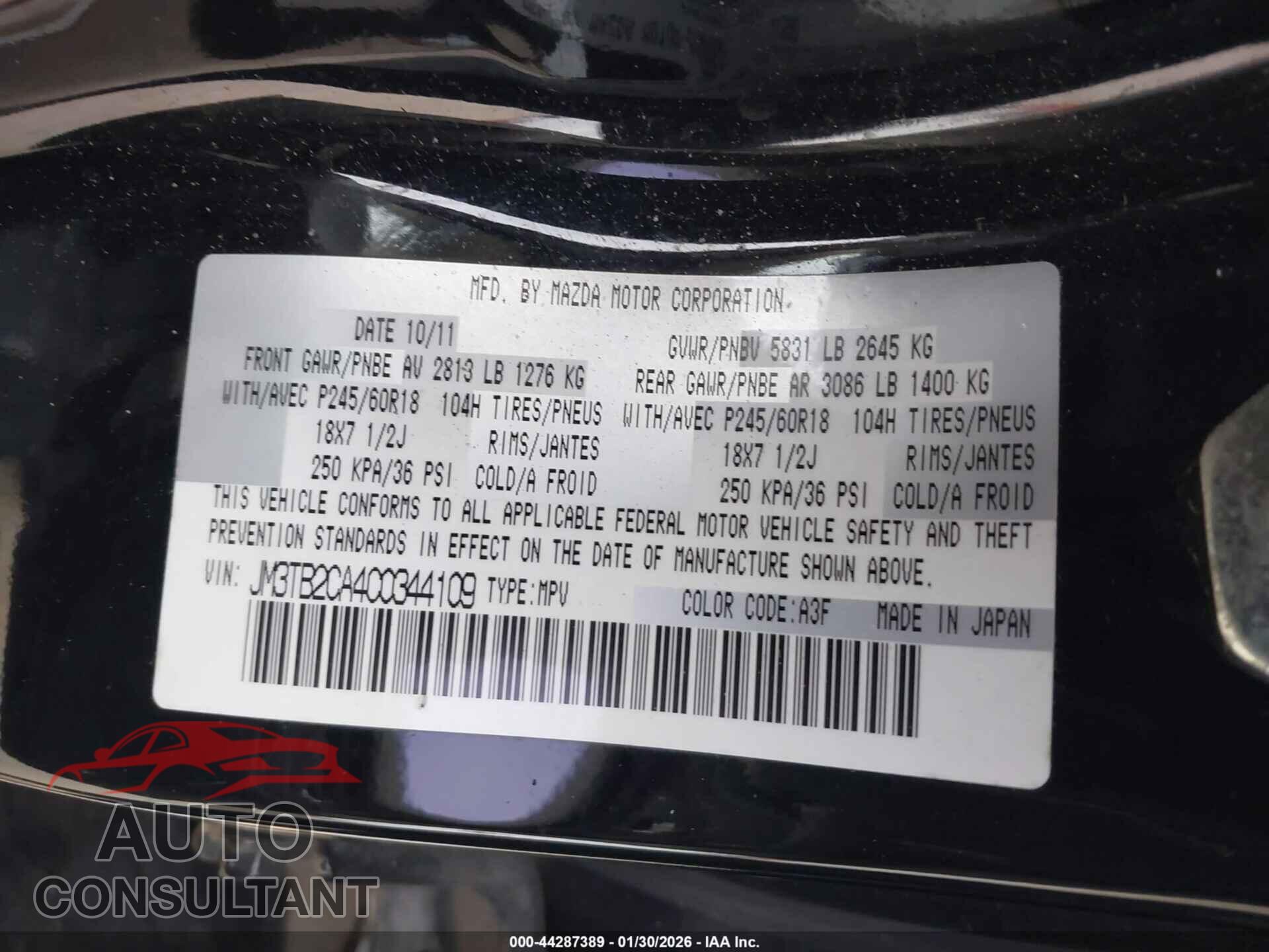 MAZDA CX-9 2012 - JM3TB2CA4C0344109