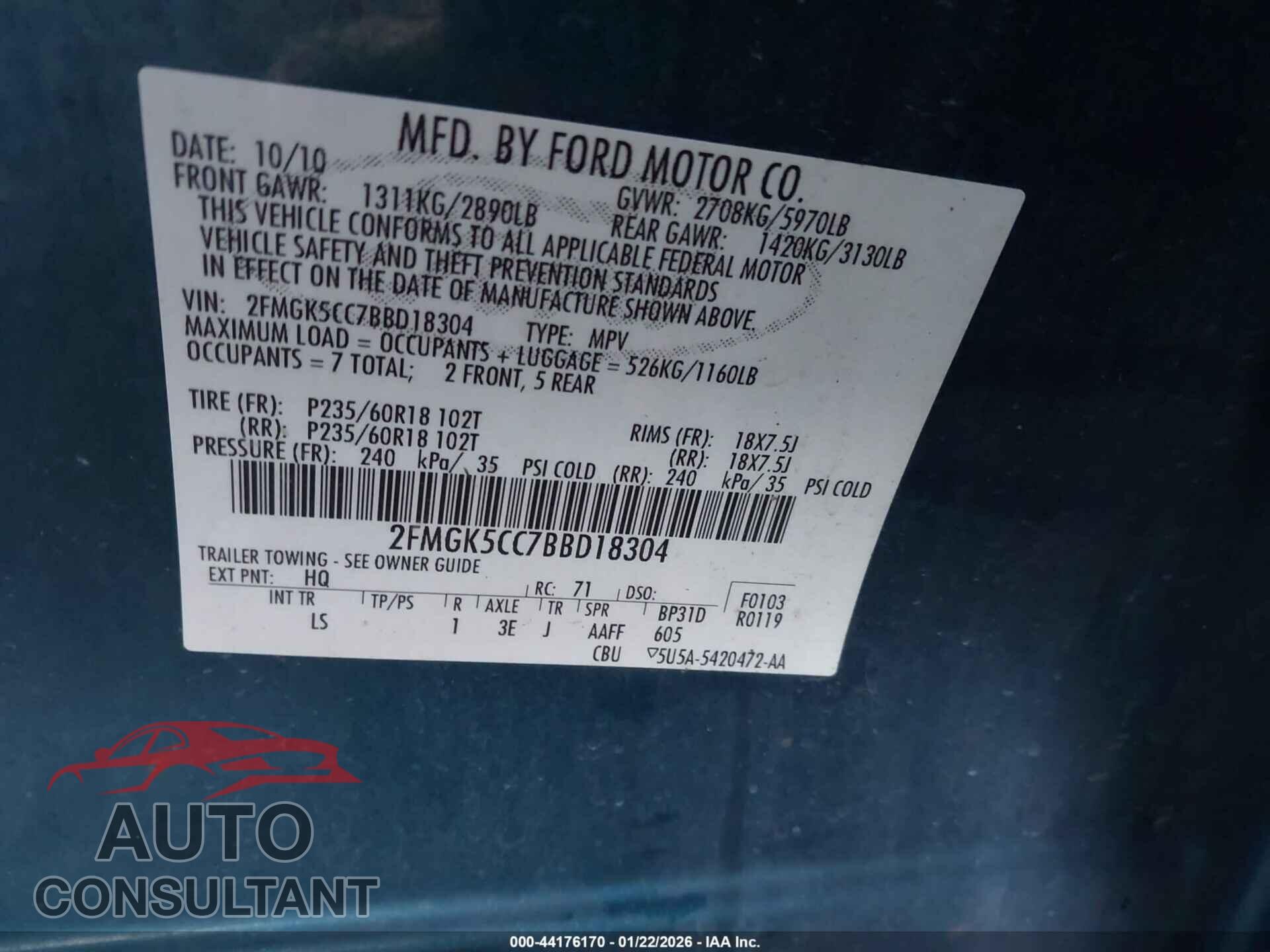 FORD FLEX 2011 - 2FMGK5CC7BBD18304