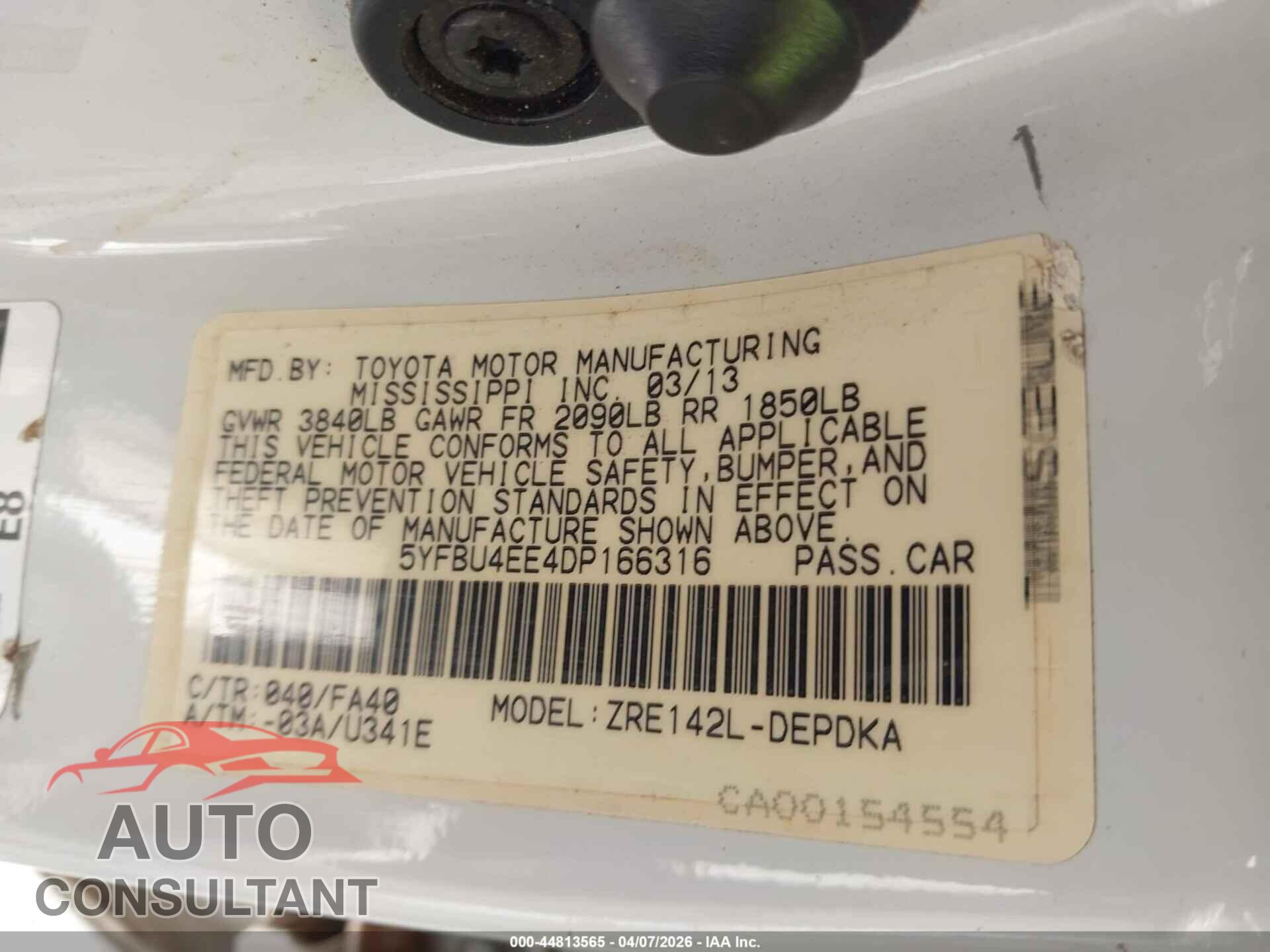 TOYOTA COROLLA 2013 - 5YFBU4EE4DP166316