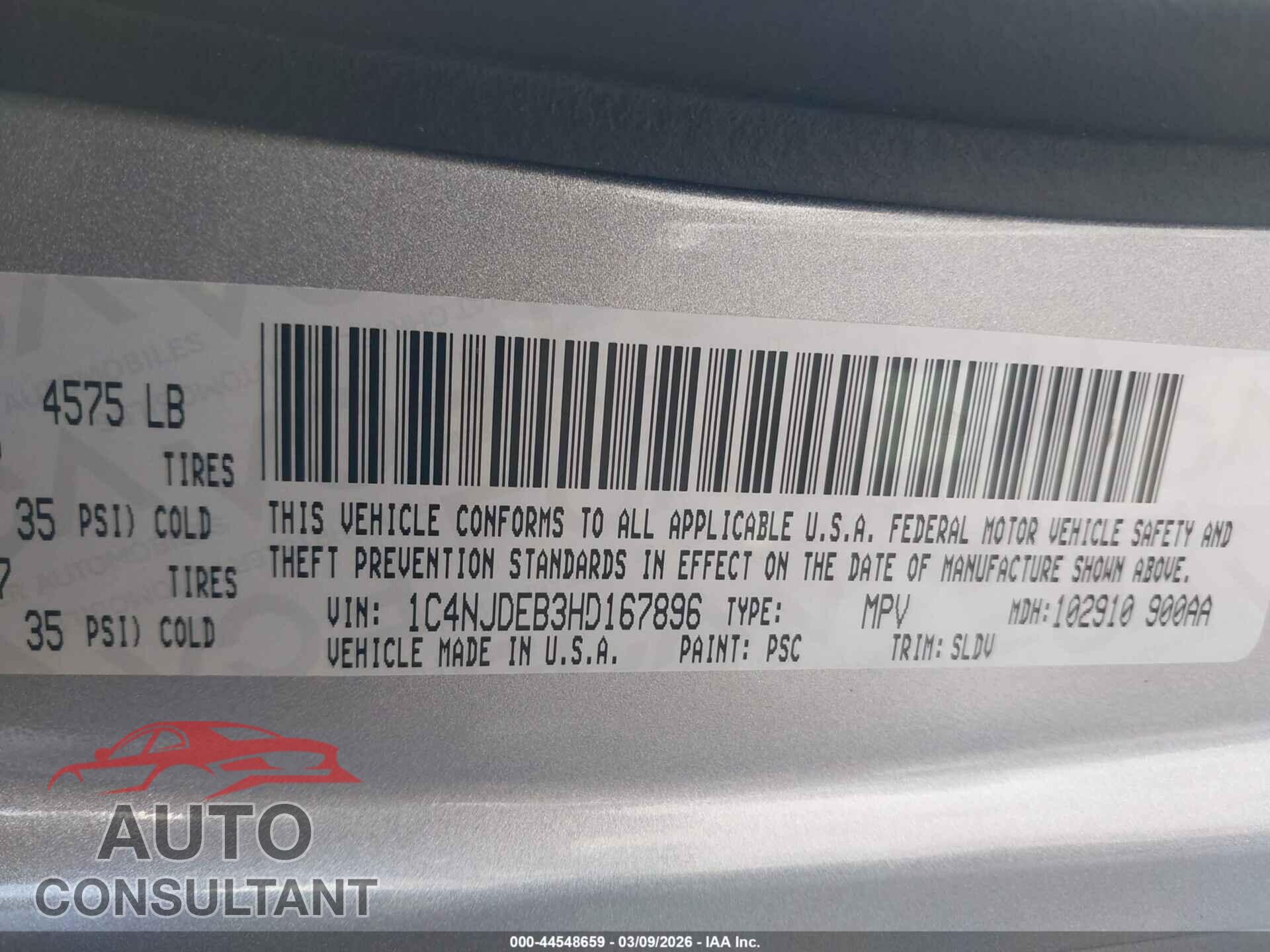 JEEP COMPASS 2017 - 1C4NJDEB3HD167896