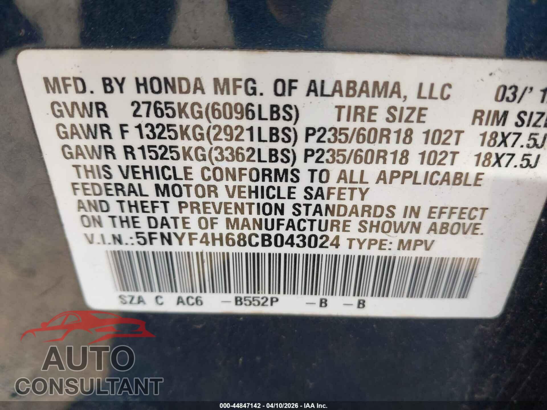HONDA PILOT 2012 - 5FNYF4H68CB043024