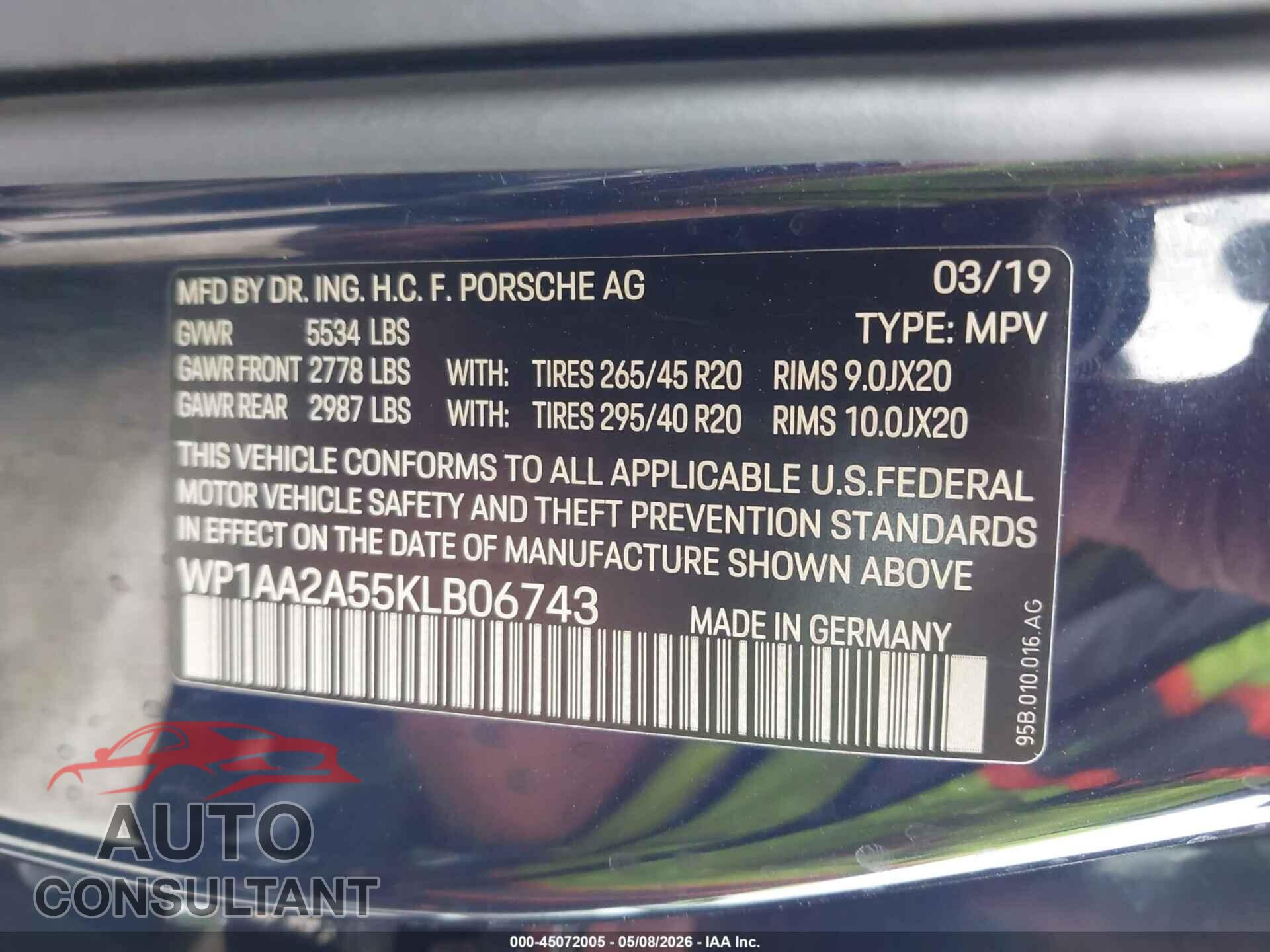 PORSCHE MACAN 2019 - WP1AA2A55KLB06743