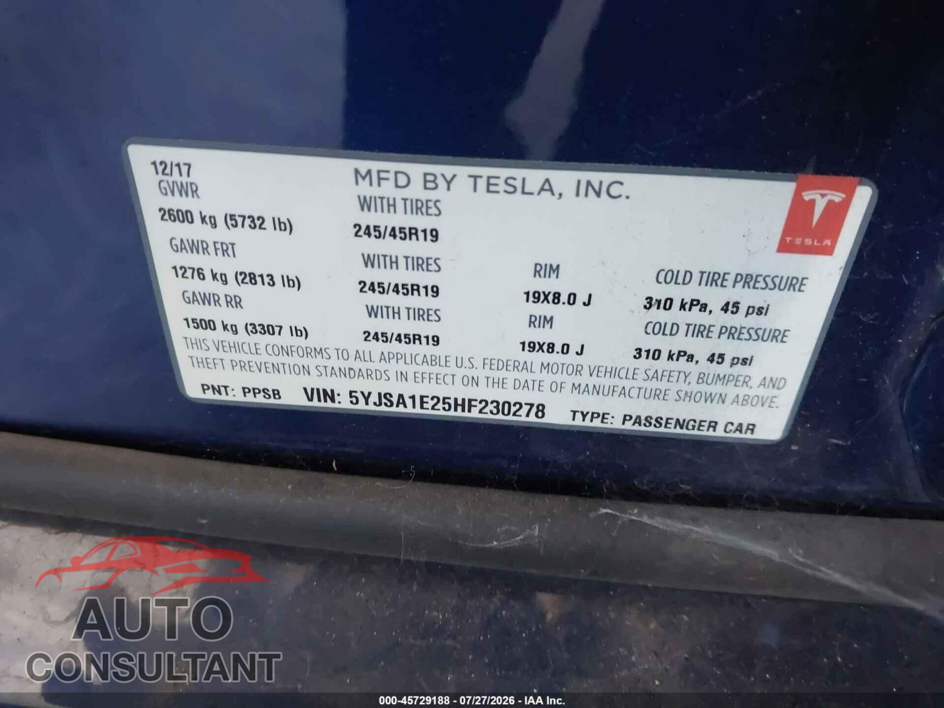 TESLA MODEL S 2017 - 5YJSA1E25HF230278