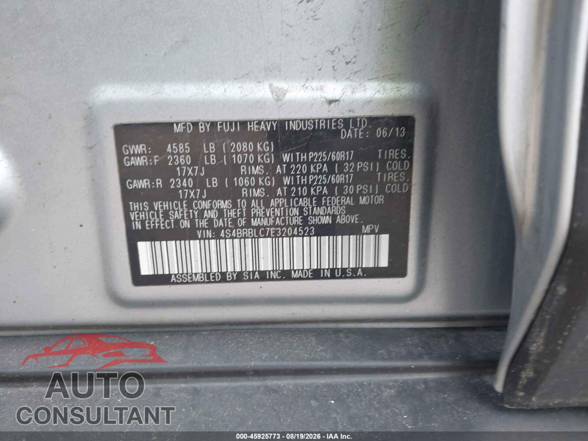 SUBARU OUTBACK 2014 - 4S4BRBLC7E3204523