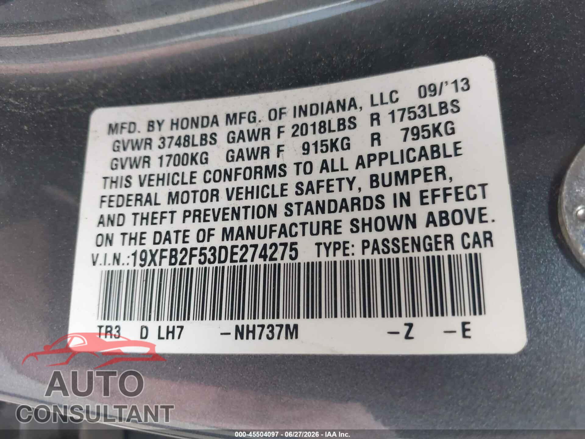 HONDA CIVIC 2013 - 19XFB2F53DE274275