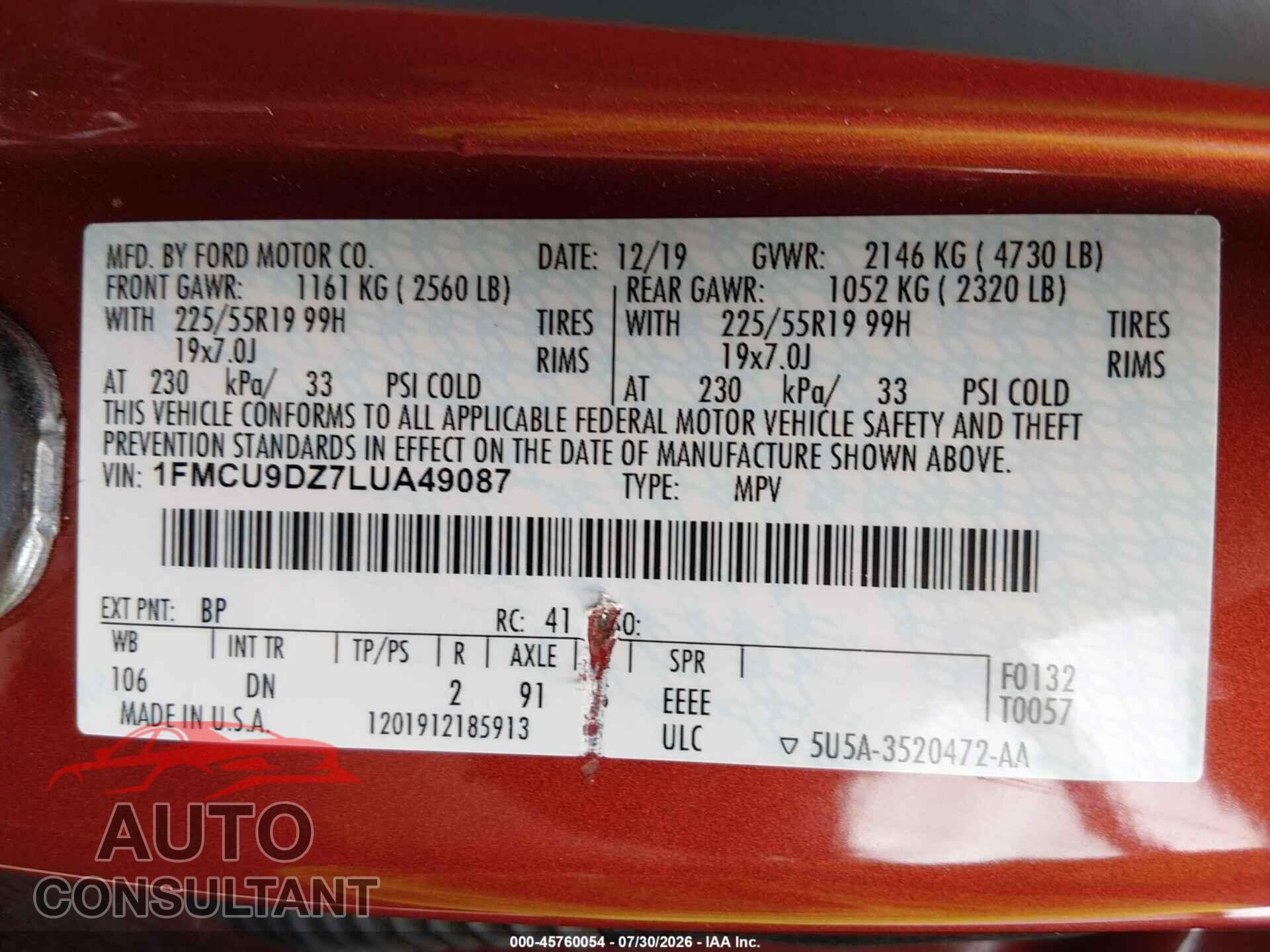 FORD ESCAPE 2020 - 1FMCU9DZ7LUA49087