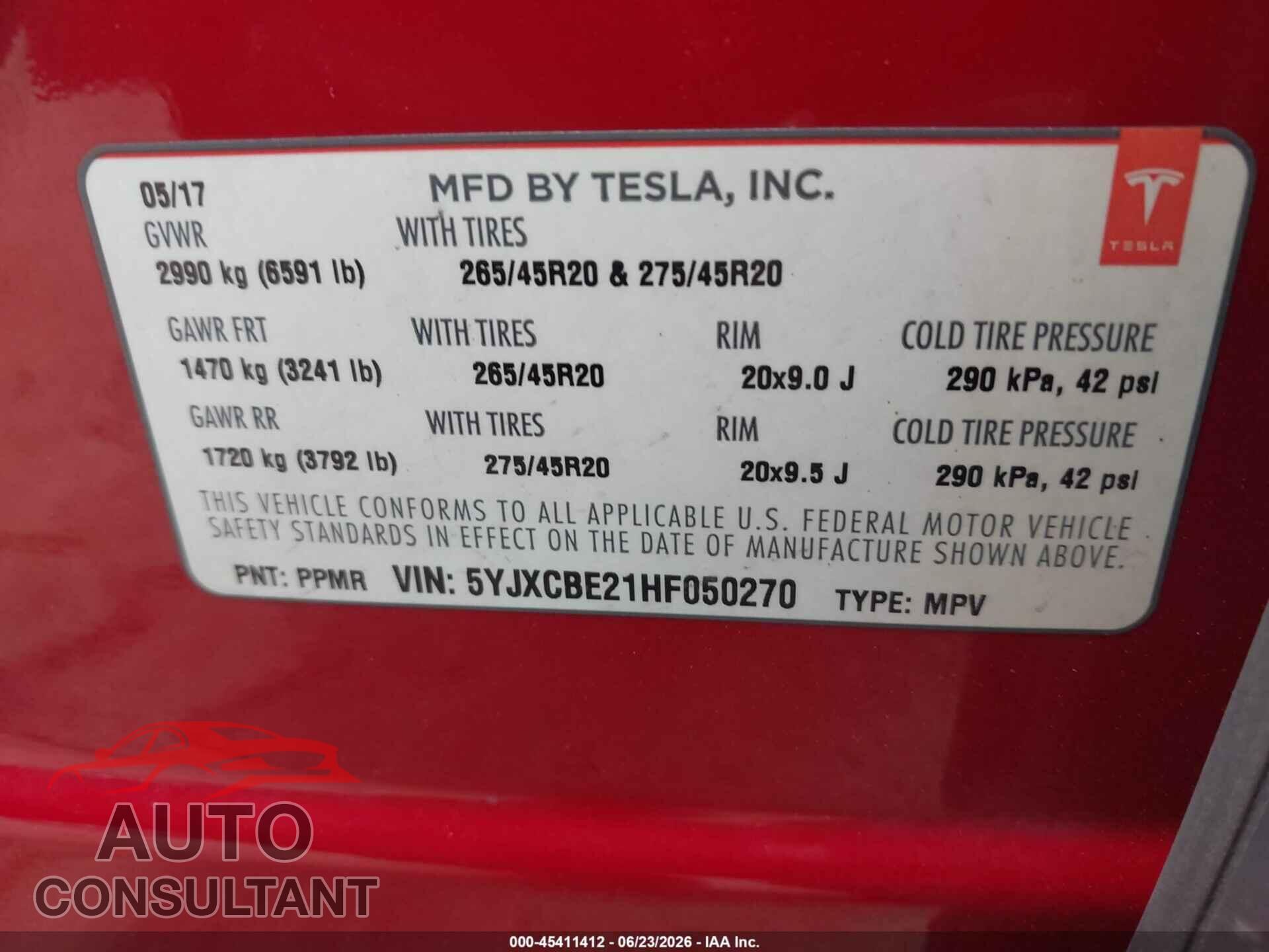 TESLA MODEL X 2017 - 5YJXCBE21HF050270