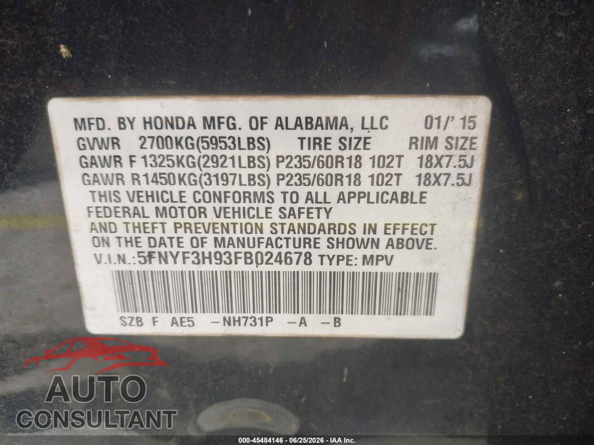 HONDA PILOT 2015 - 5FNYF3H93FB024678