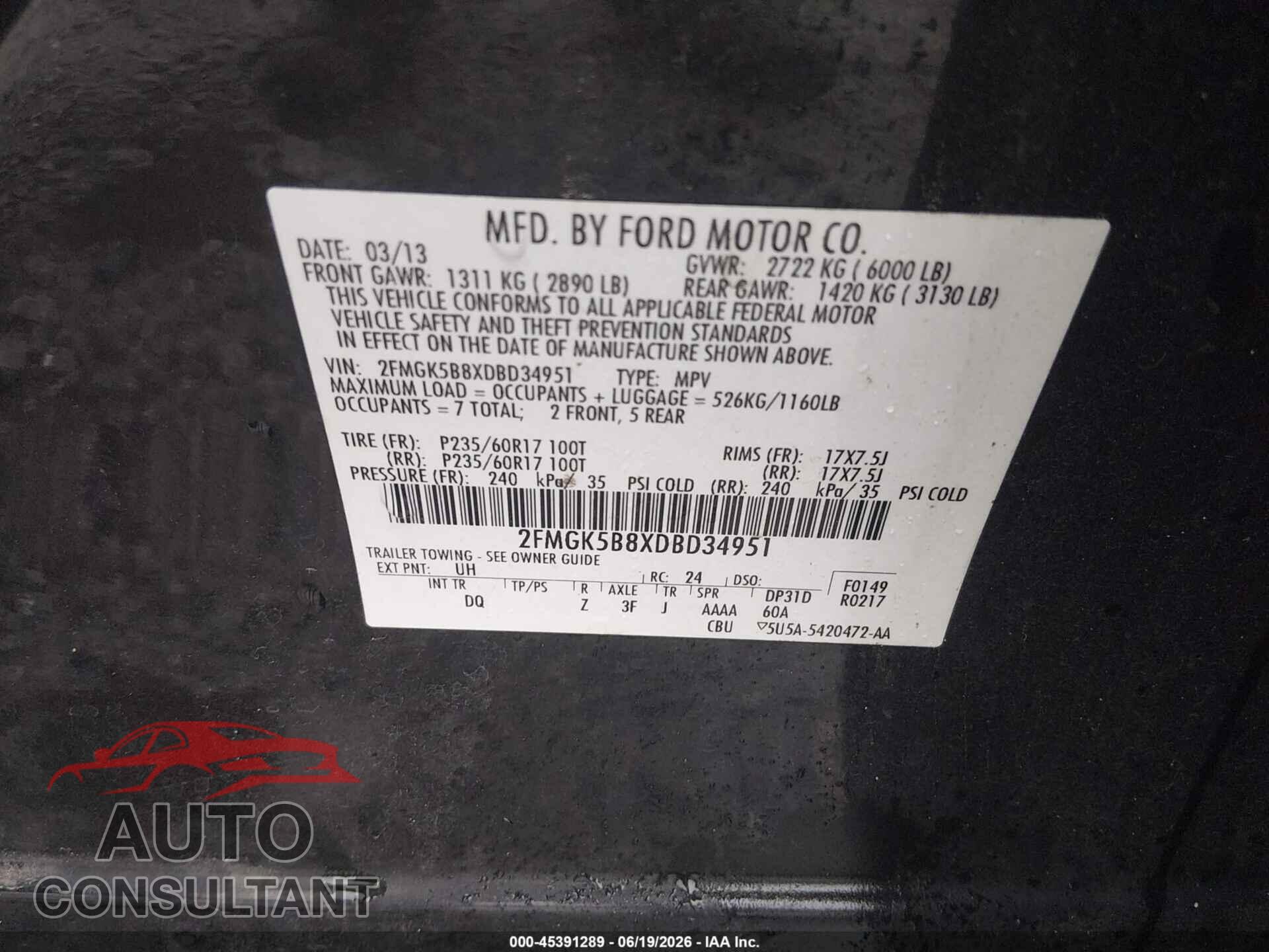FORD FLEX 2013 - 2FMGK5B8XDBD34951